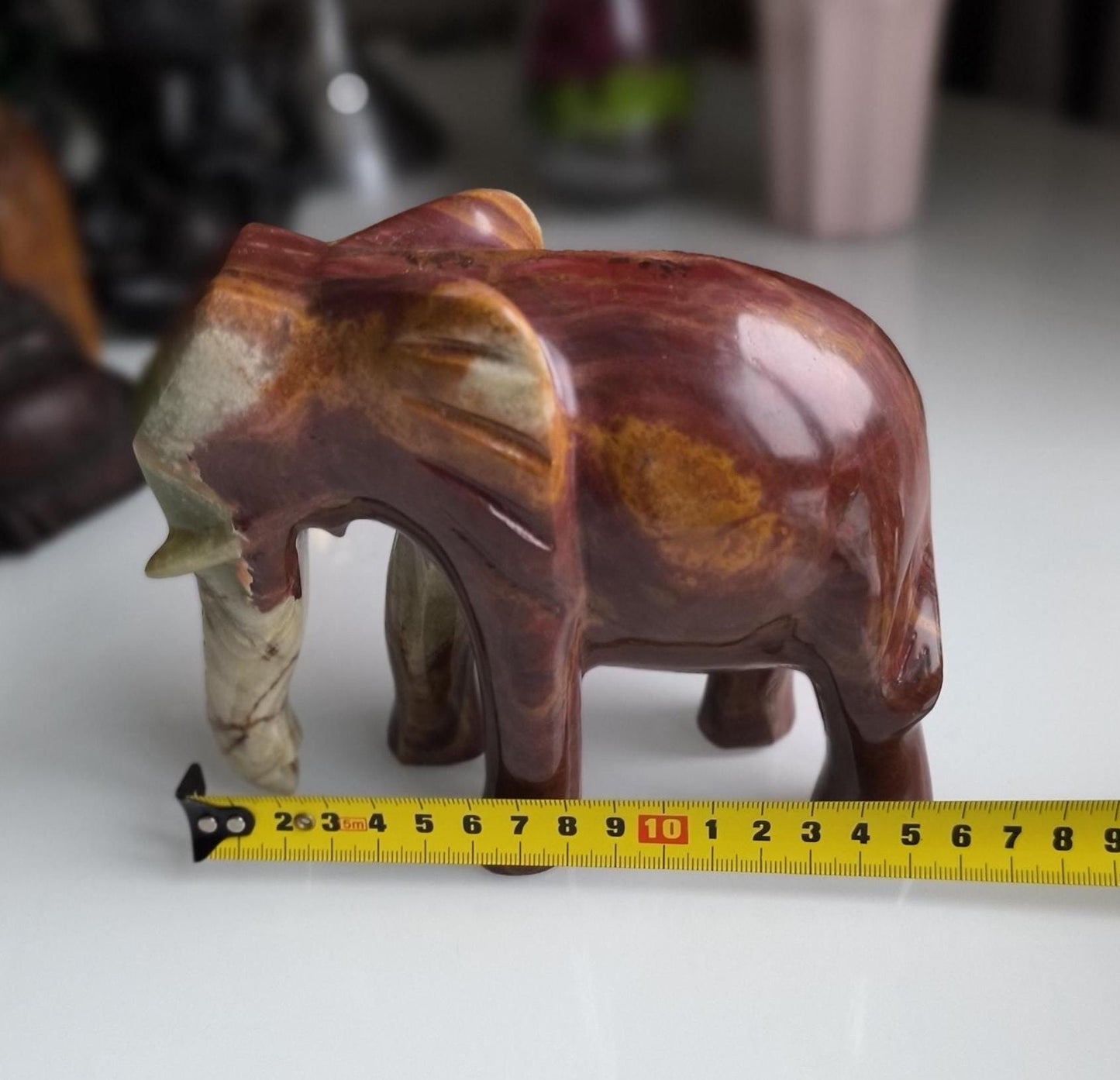 Vintage Handcrafted Onyx Elephant Sculpture, Brown & Green Stone, 16 cm, 1980s