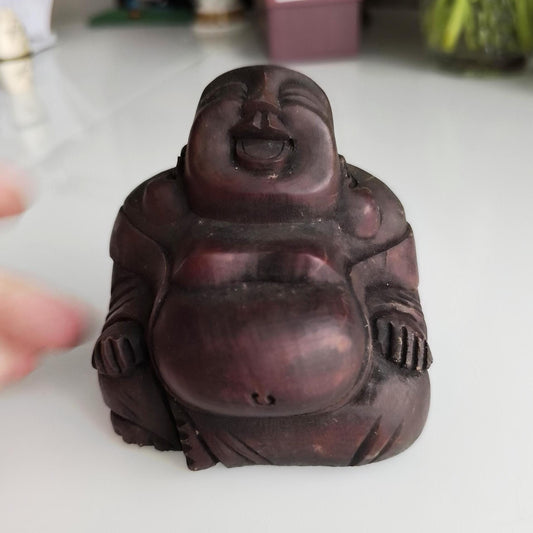 1970 Handmade Wooden Painted Brown Carved Sitting Buddha
