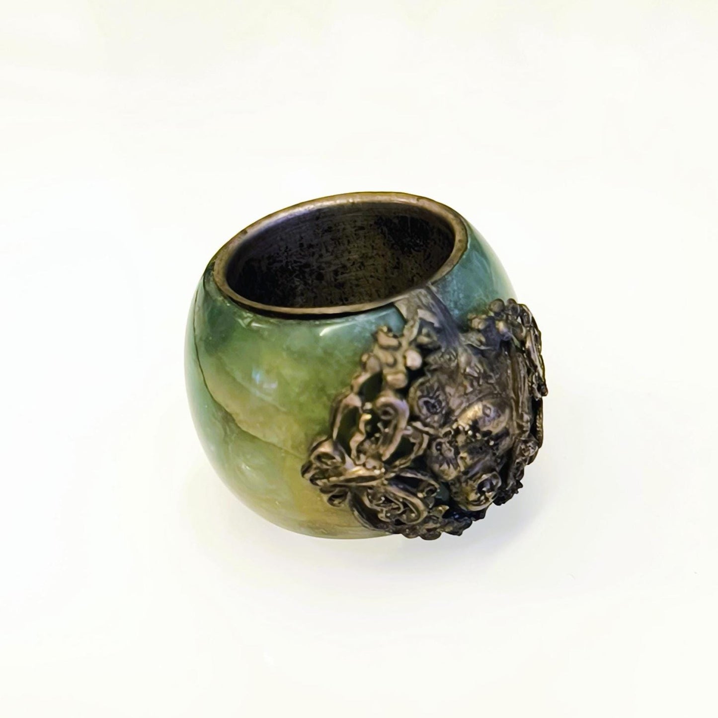 Buddha Napkin Ring, Green Stone Bronze Inlay 1970s