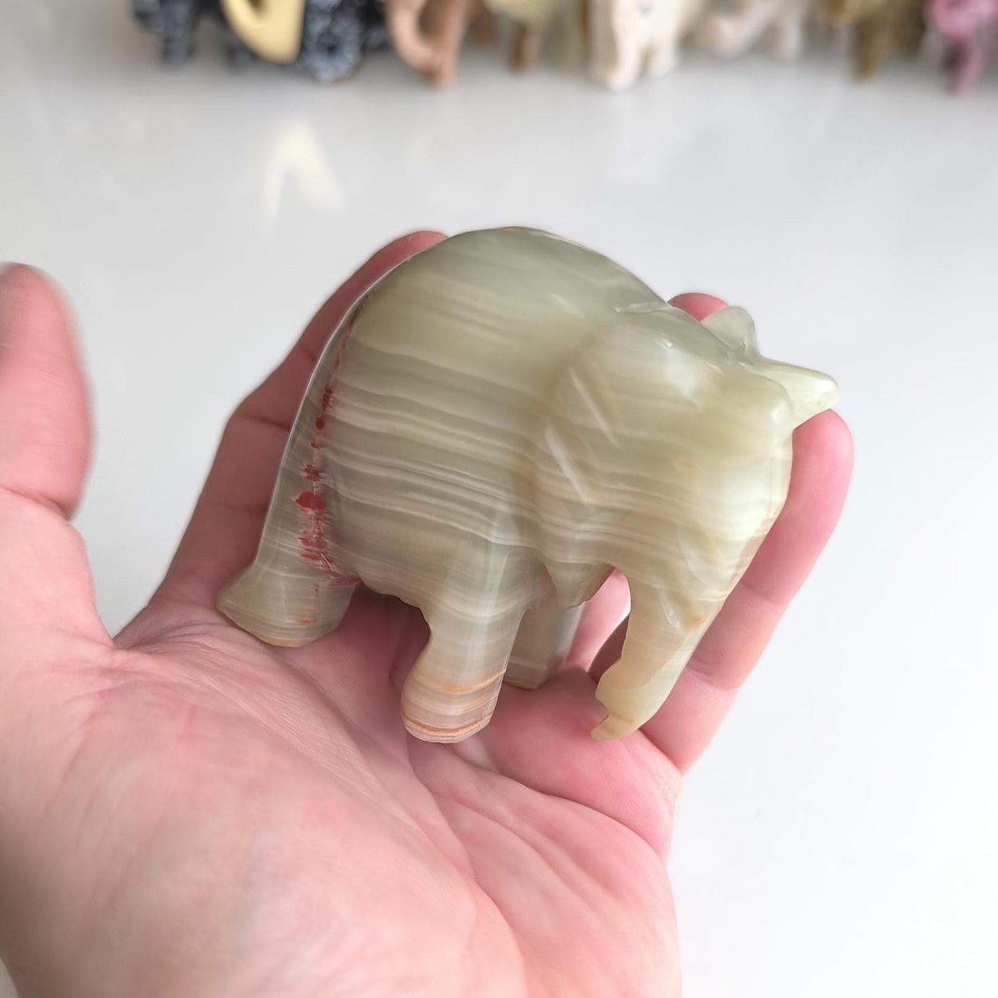 Handmade Heavy Light Green Onyx Elephant Statue with Gray Streaks, 1980s