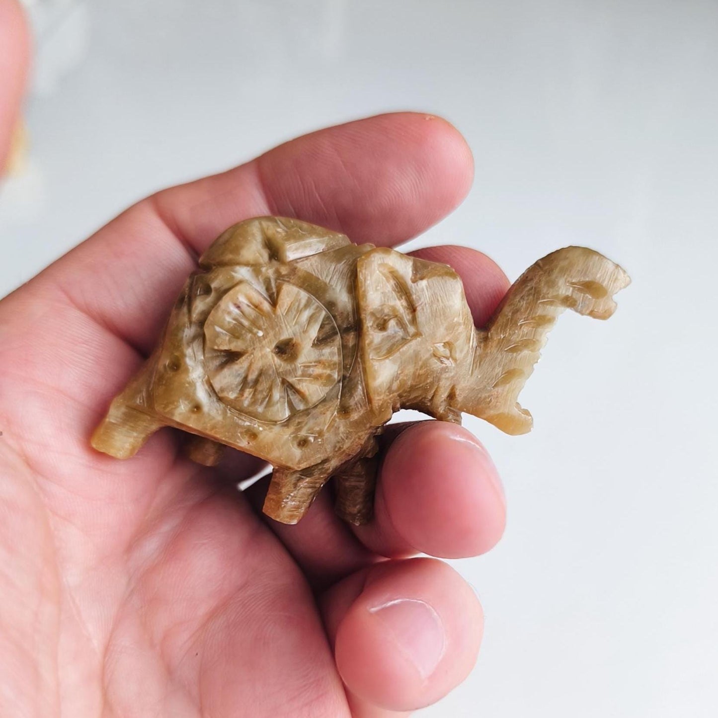 Small Khaki Stone Elephant Raised Trunk Asian Handmade 2000s