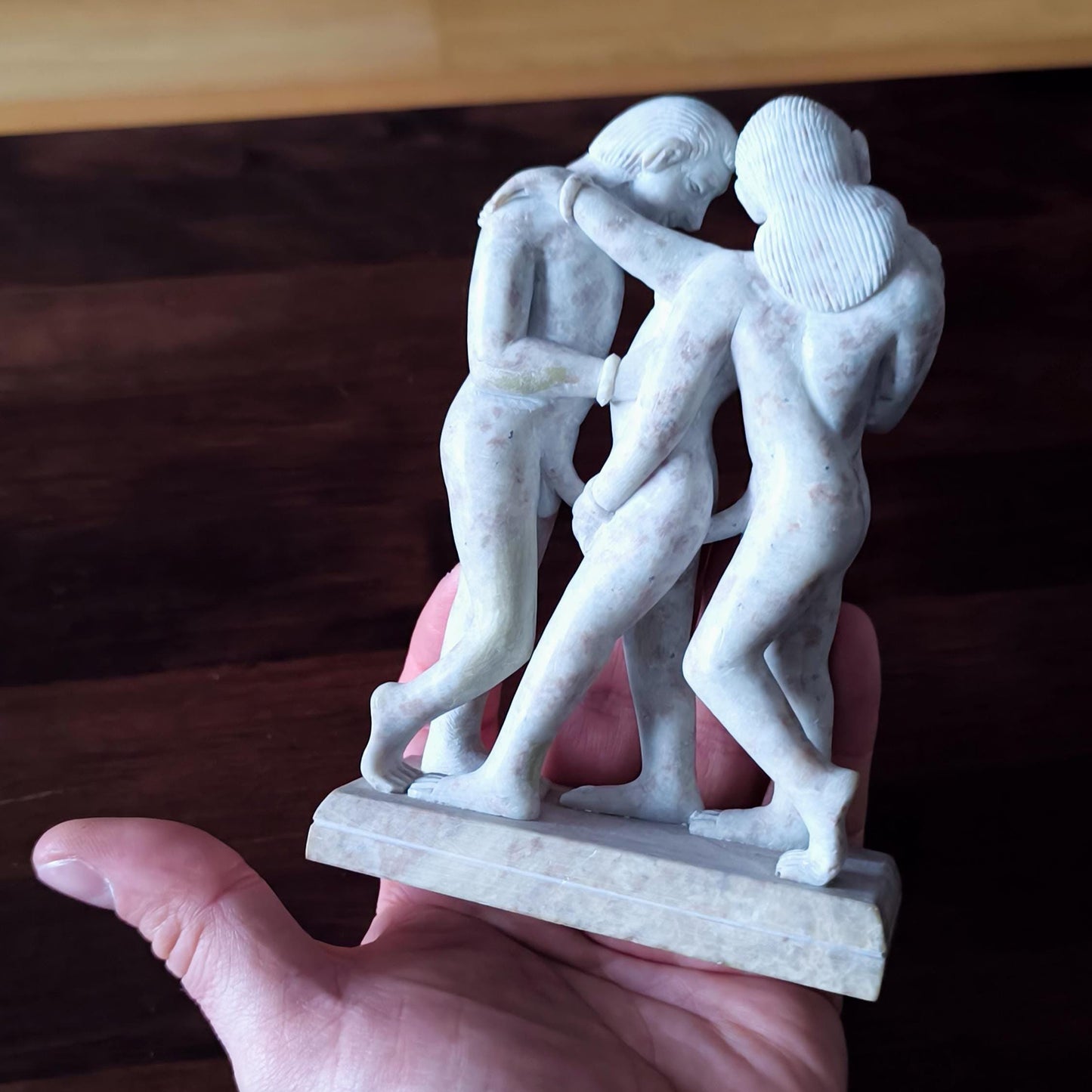Light Stone Erotic Kamasutra Three People Statue, Handmade 1980