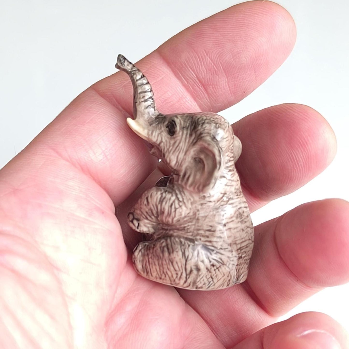 Gray Glazed Ceramic Sitting Elephant Trunk Up 1970s