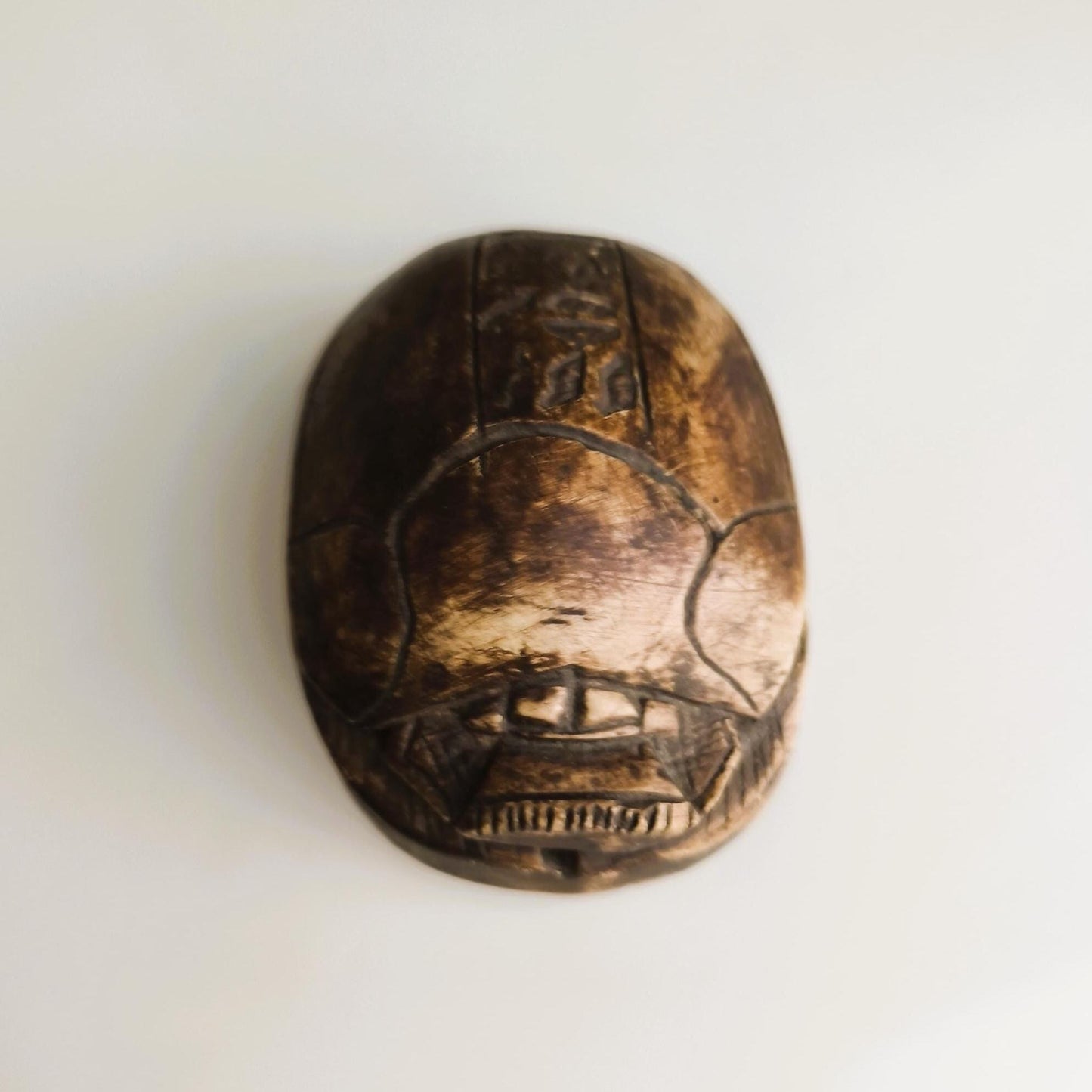 Carved Brown Stone Egyptian Scarab Beetle with Hieroglyphics, 1970s