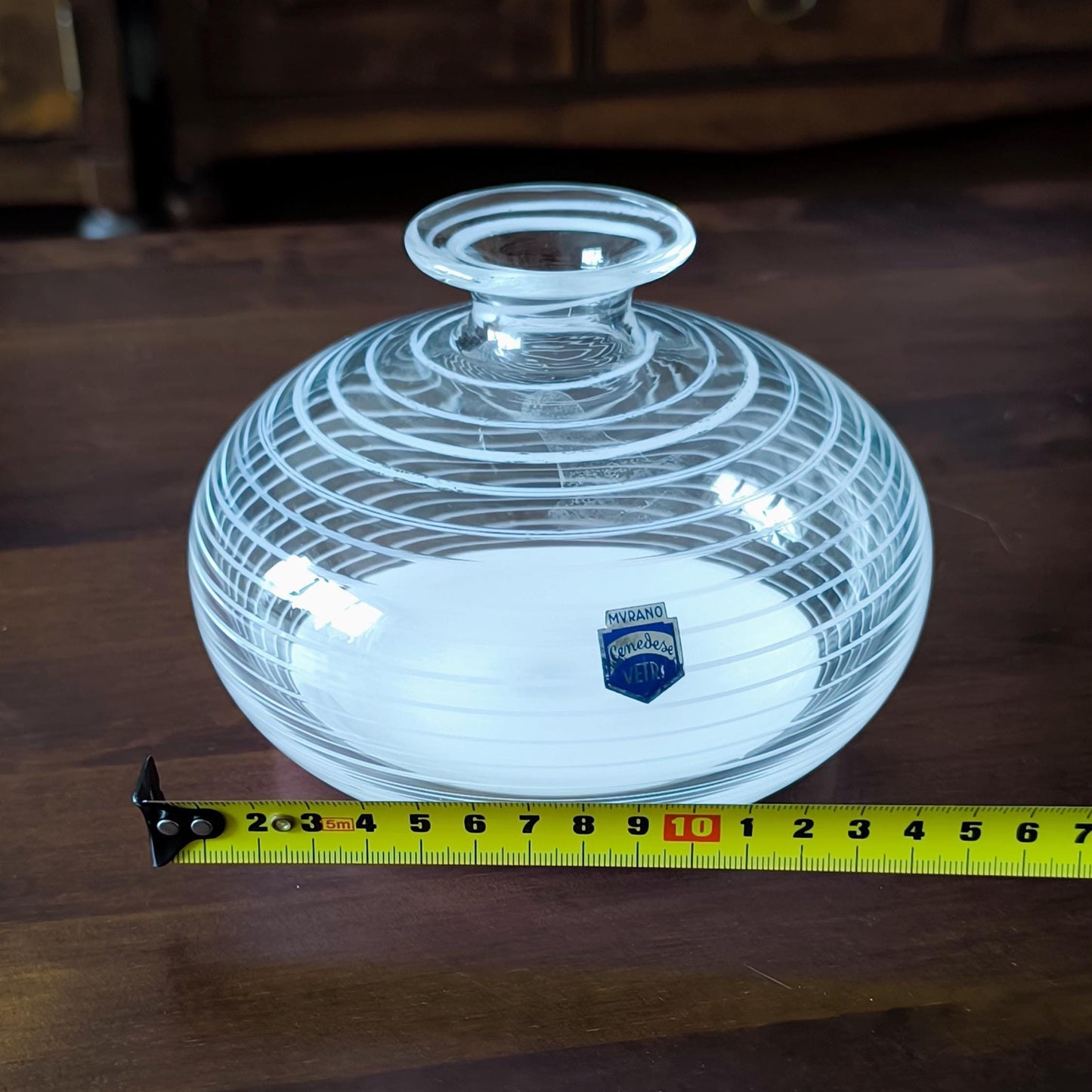 Murano Glass Round and Striped Vase 1980, Original Handmade Clear Crystal