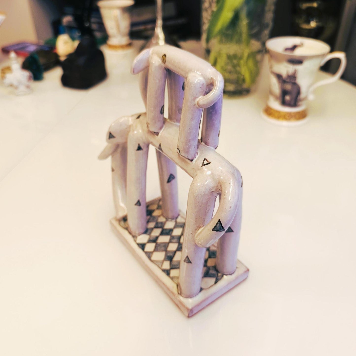 Two Stacked Ceramic Gray Elephants With Ornaments On Base 1970