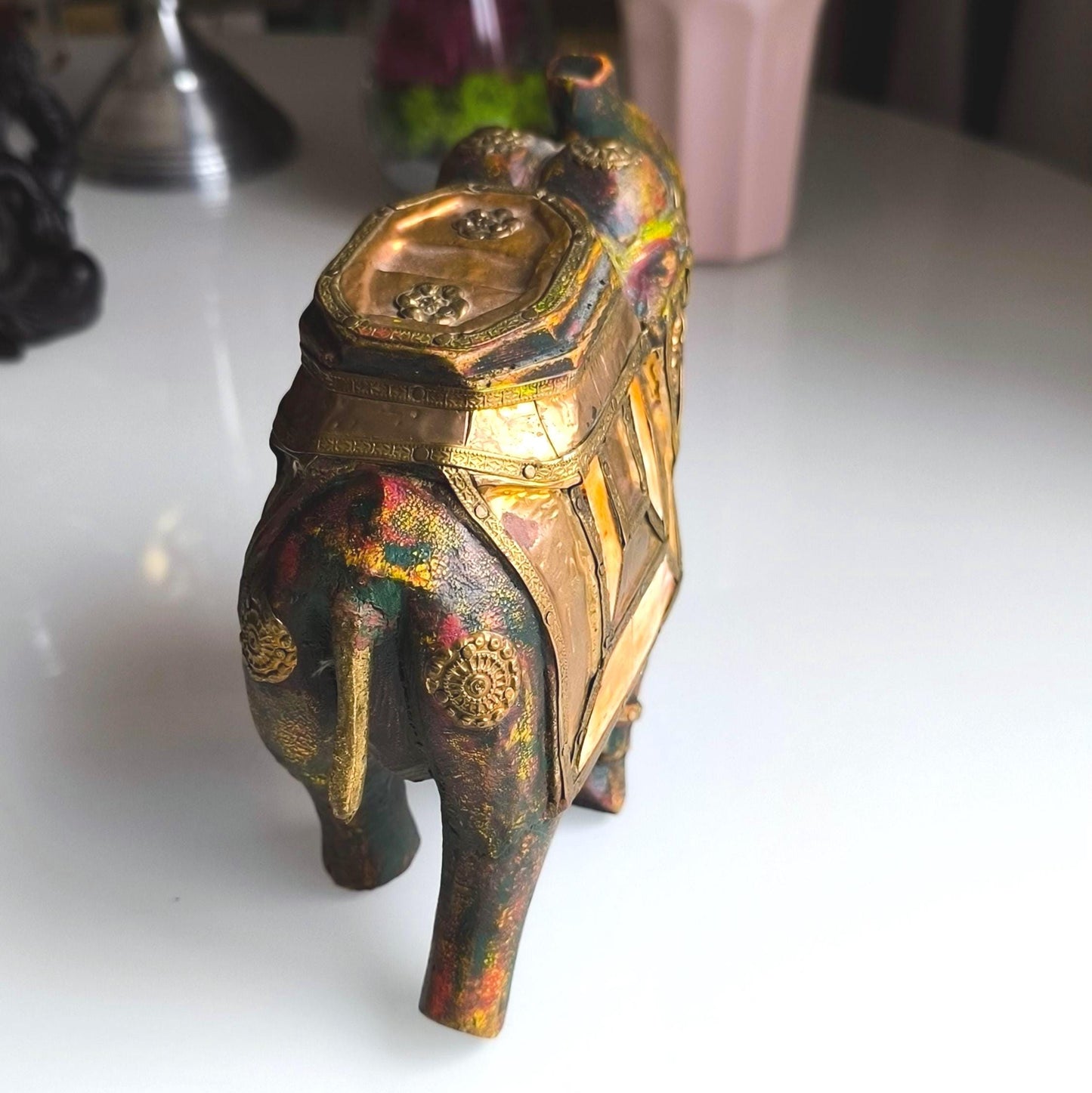 Handmade Wooden Elephant with Metal and Stone Inlay, Trunk Up 1970