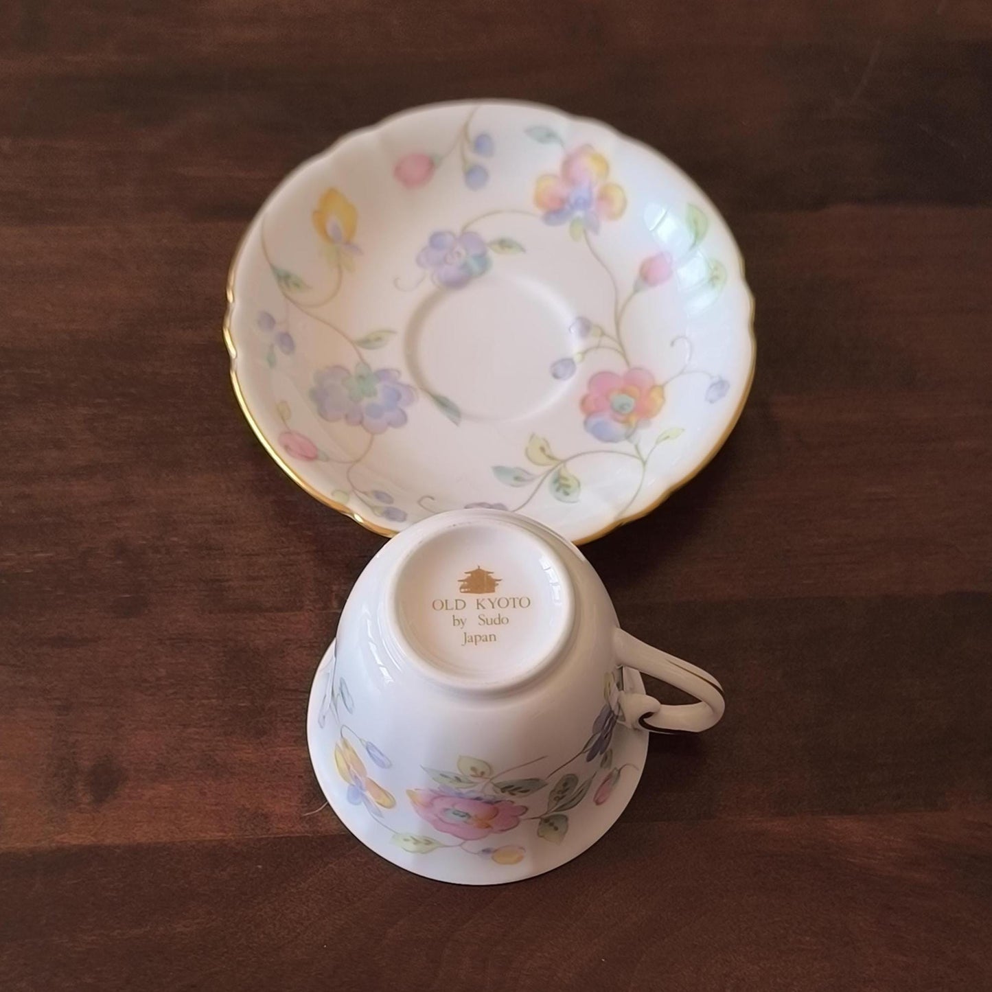 Japanese Porcelain "Old Kyoto by Sudo" Coffee/Tea Cup & Saucer – Hand-Painted Floral, Gold Trim, 1980s