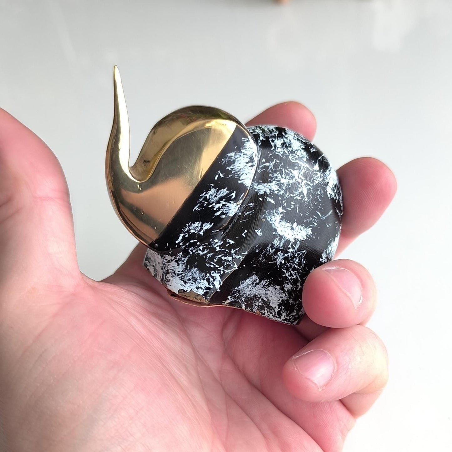 Handmade Small Black Elephant Statue with White Accents and Gold Head, 1980s