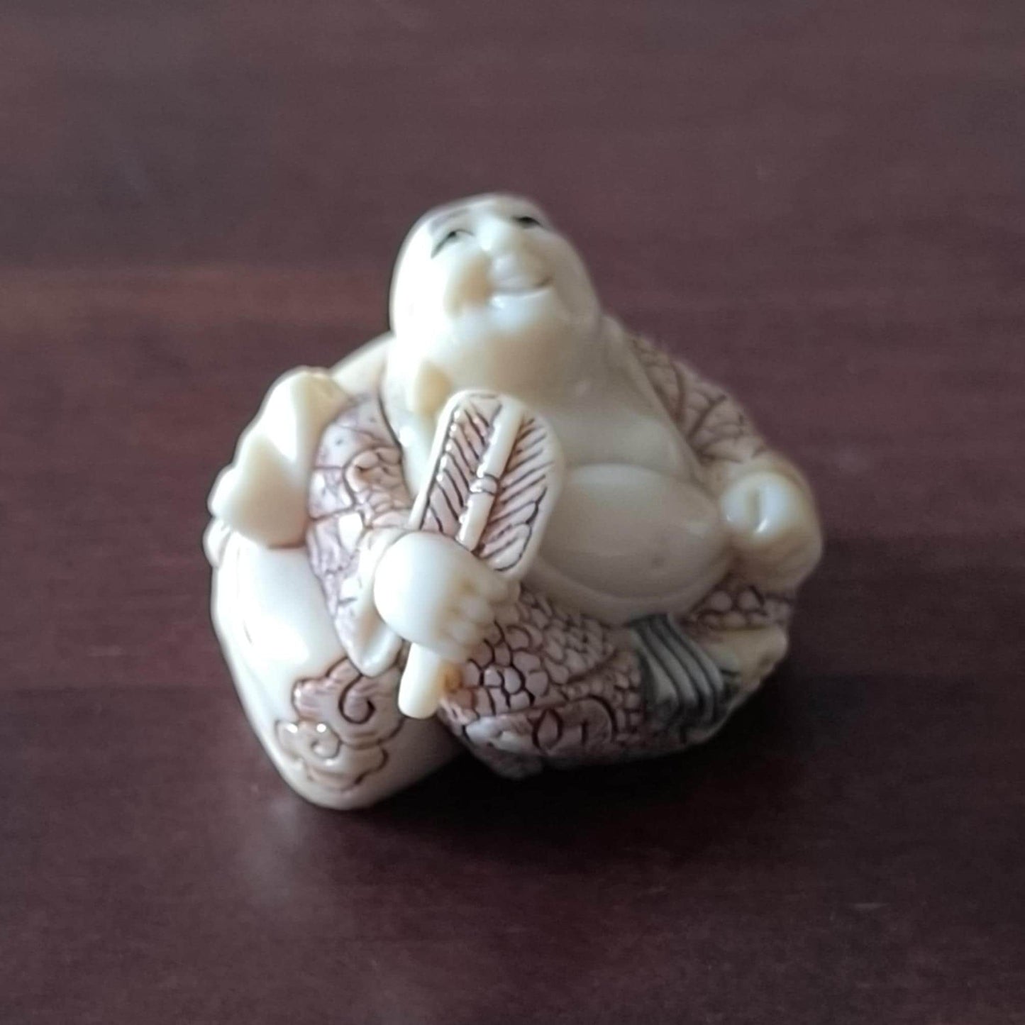 Japanese Resin Netsuke Happy Buddha Figurine Hand Painted, Carved 1970s