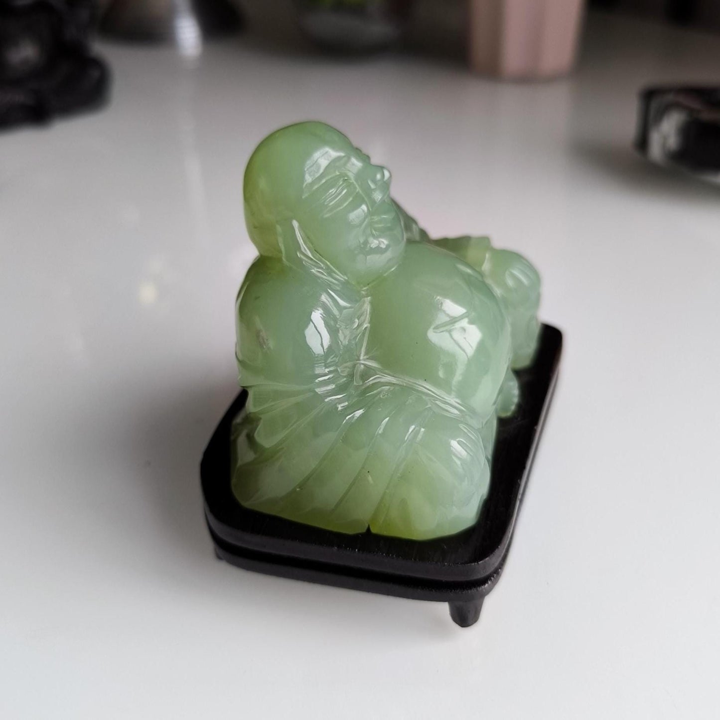 Green Nephrite Jade Carved Buddha Figure on Wooden Base, 1970