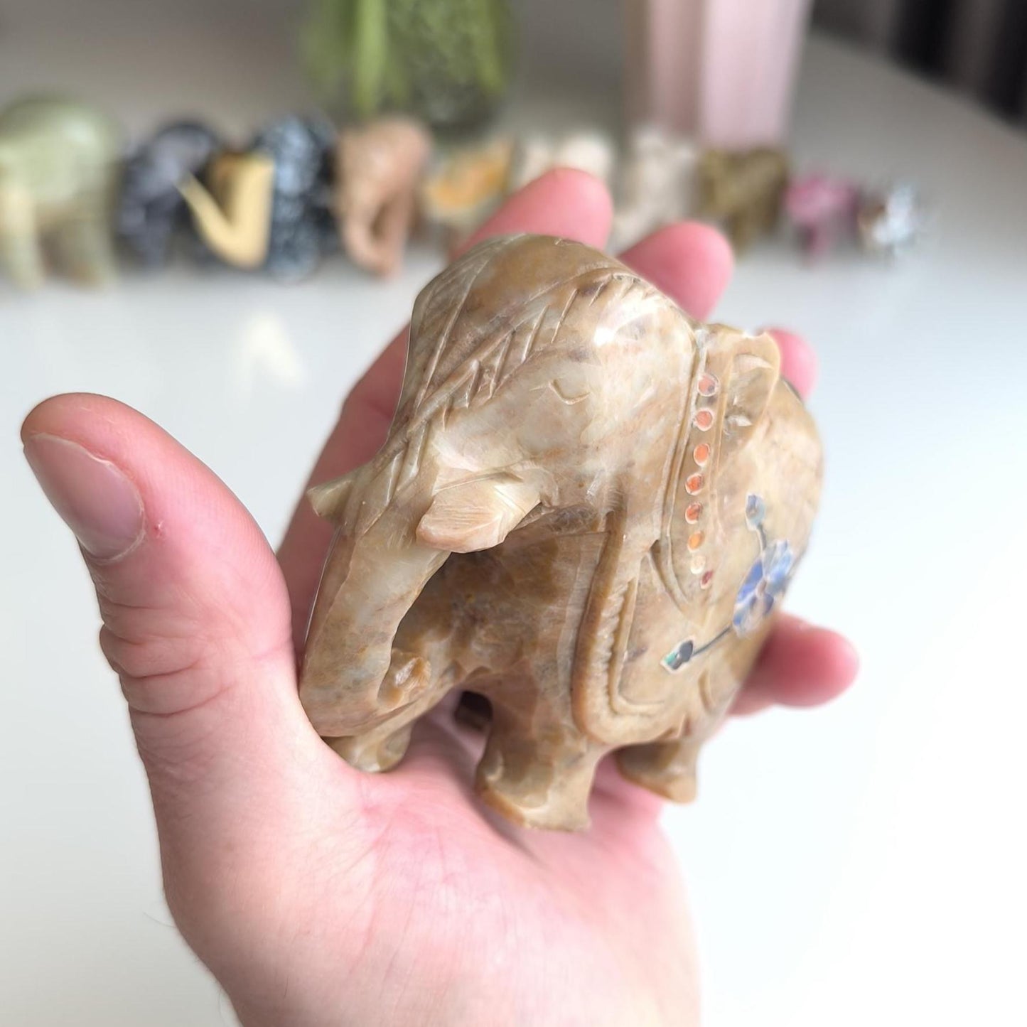 Hand-Carved Asian Elephant Statue with Inlaid Colored Stones, 1980s