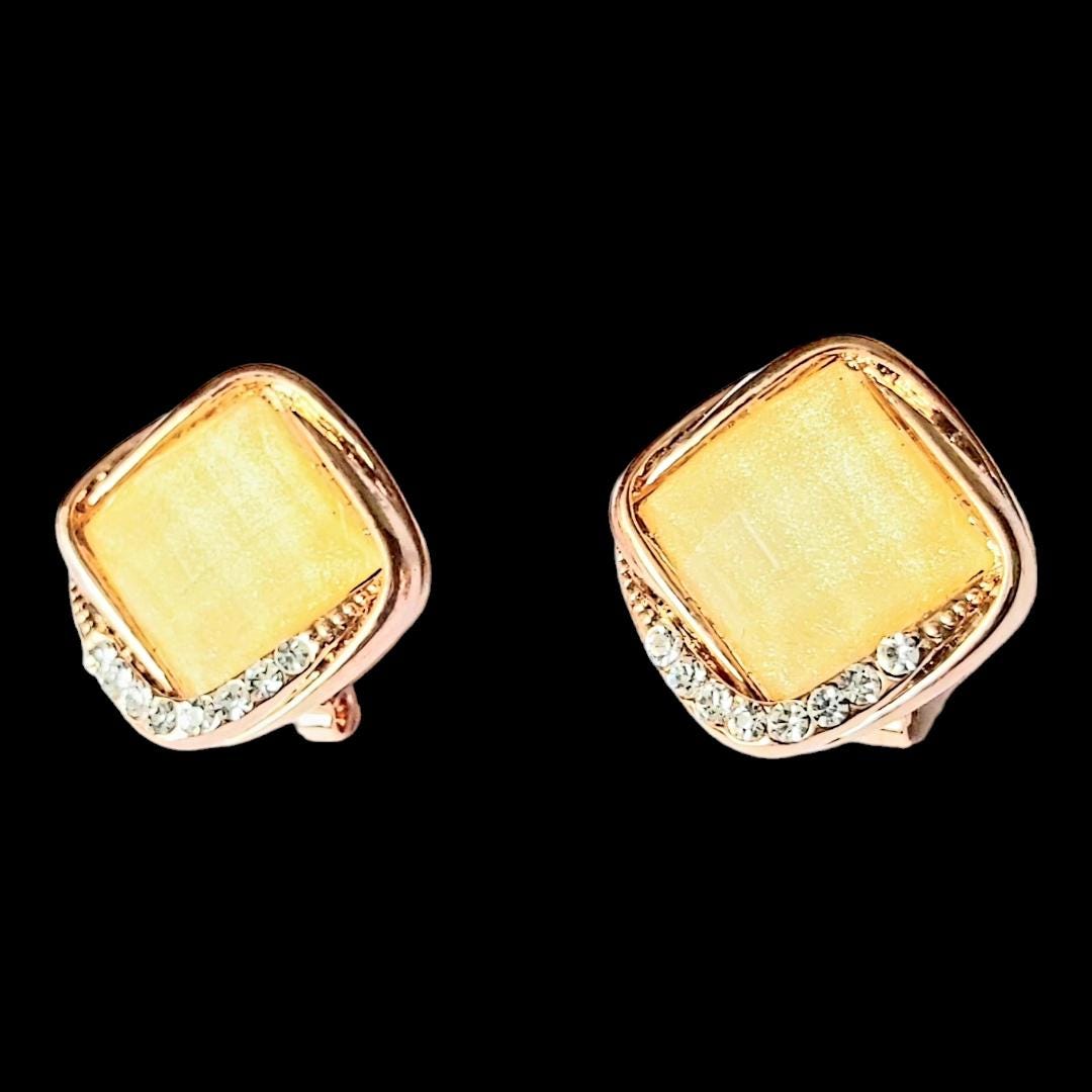 2000s 14K Gold-Plated Vintage Stud Earrings with Large Yellow Square Crystal & Small Diamond Accents