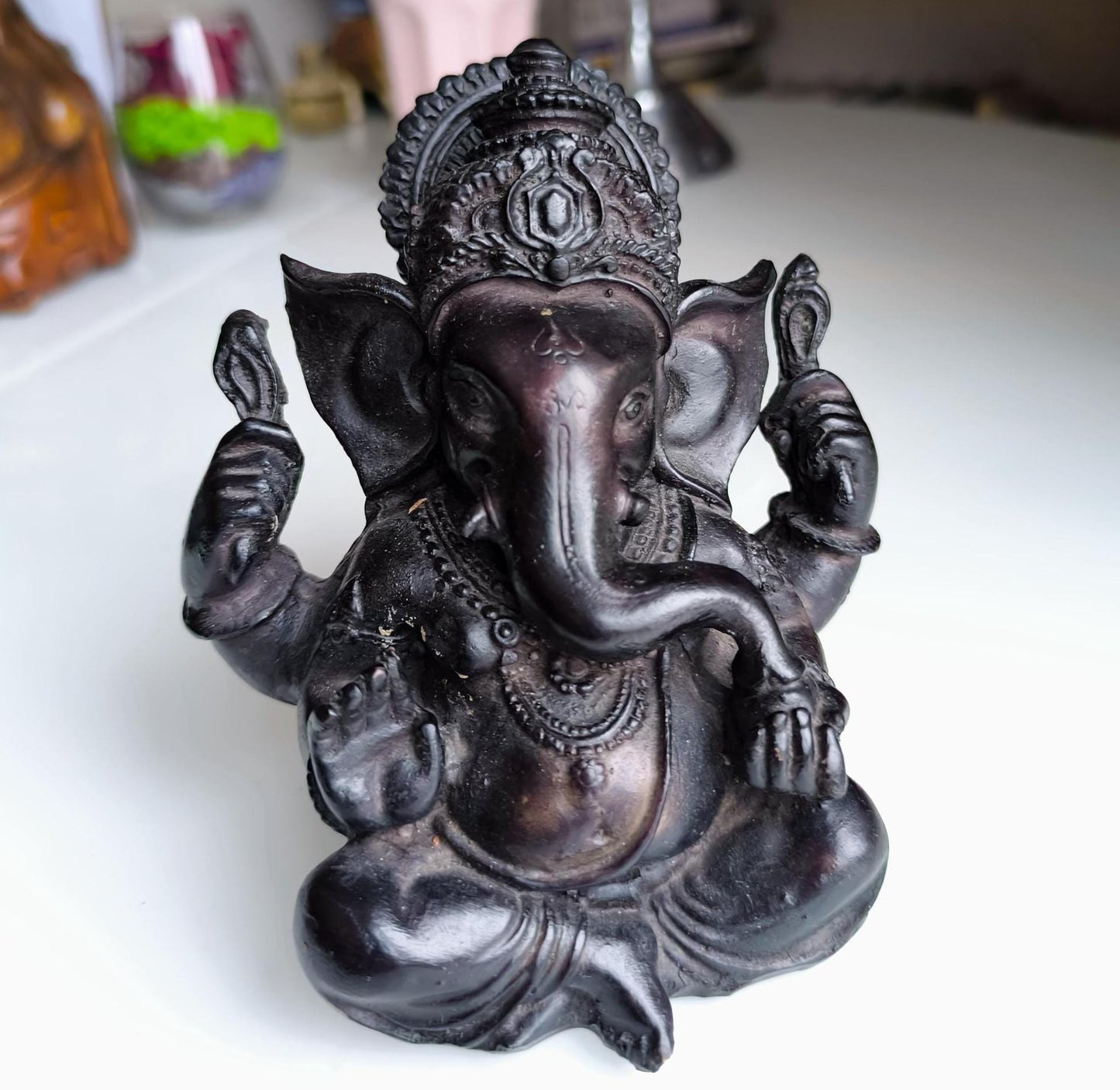Vintage 12 cm Black Resin Ganesha Statue, Hindu Elephant God Figurine, 1990s