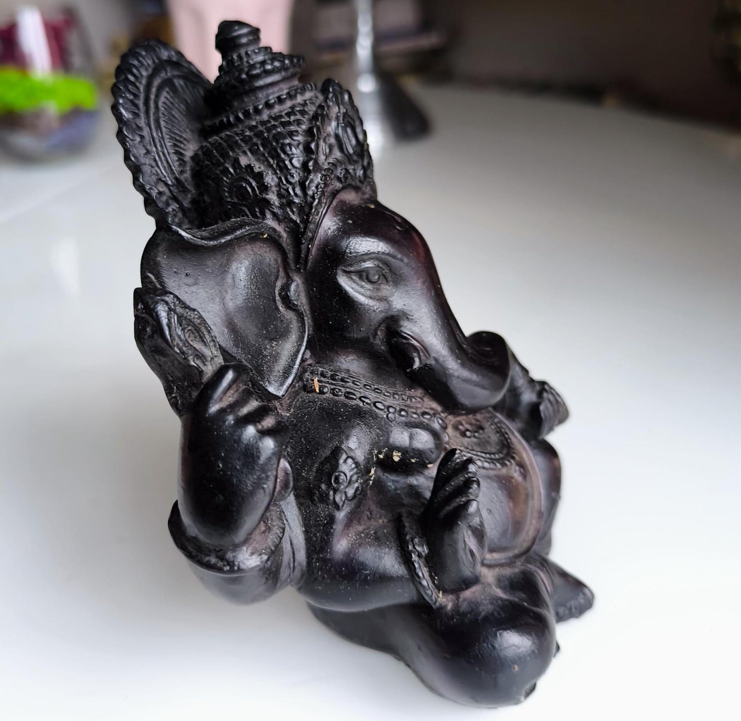 Vintage 12 cm Black Resin Ganesha Statue, Hindu Elephant God Figurine, 1990s