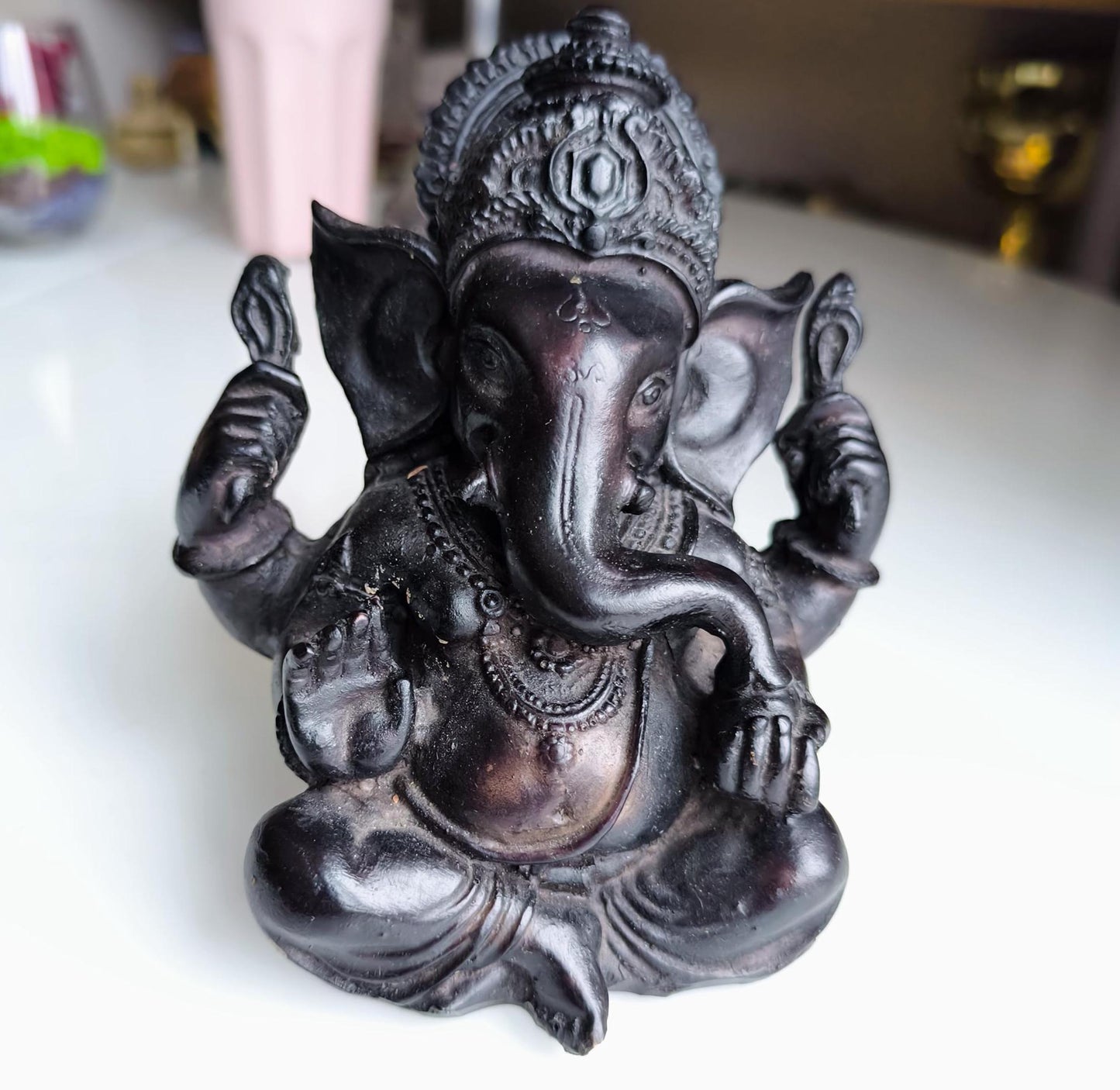 Vintage 12 cm Black Resin Ganesha Statue, Hindu Elephant God Figurine, 1990s