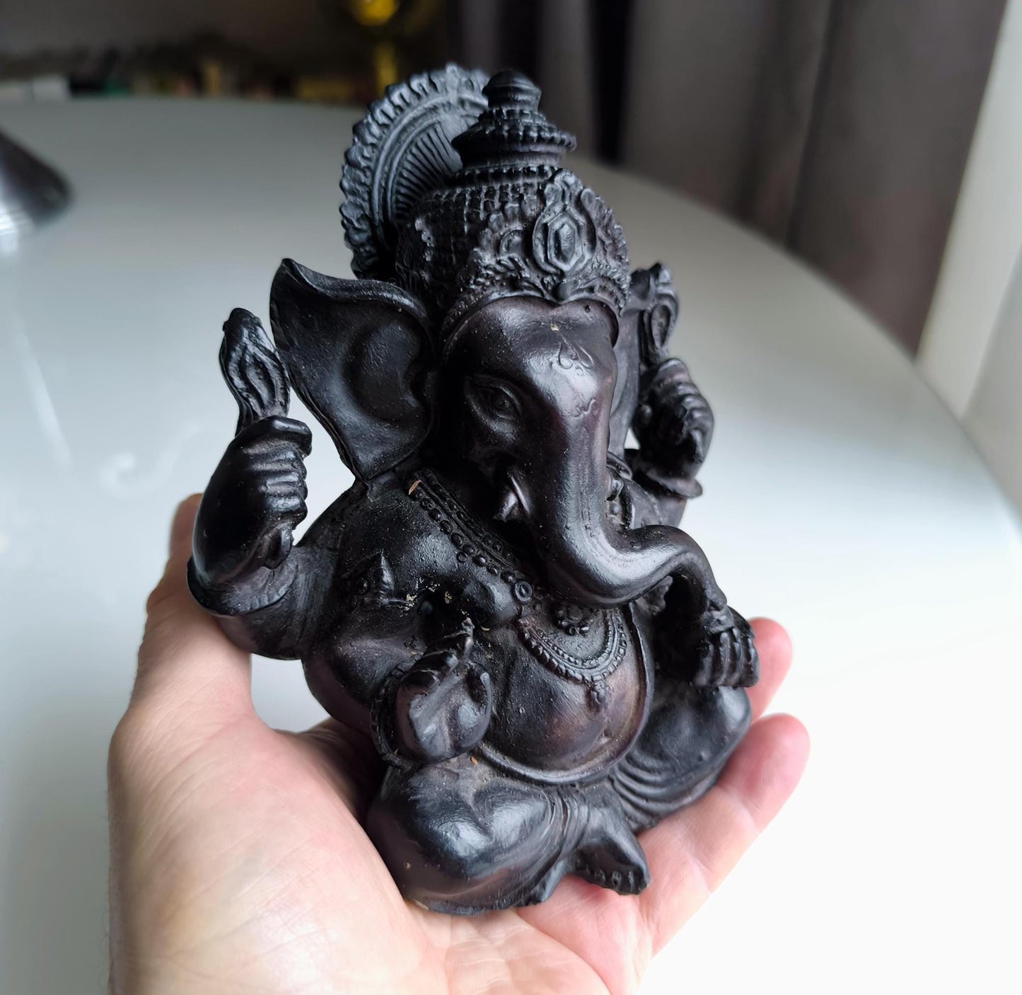 Vintage 12 cm Black Resin Ganesha Statue, Hindu Elephant God Figurine, 1990s