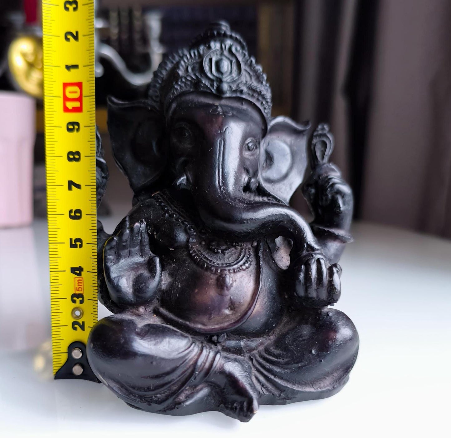 Vintage 12 cm Black Resin Ganesha Statue, Hindu Elephant God Figurine, 1990s