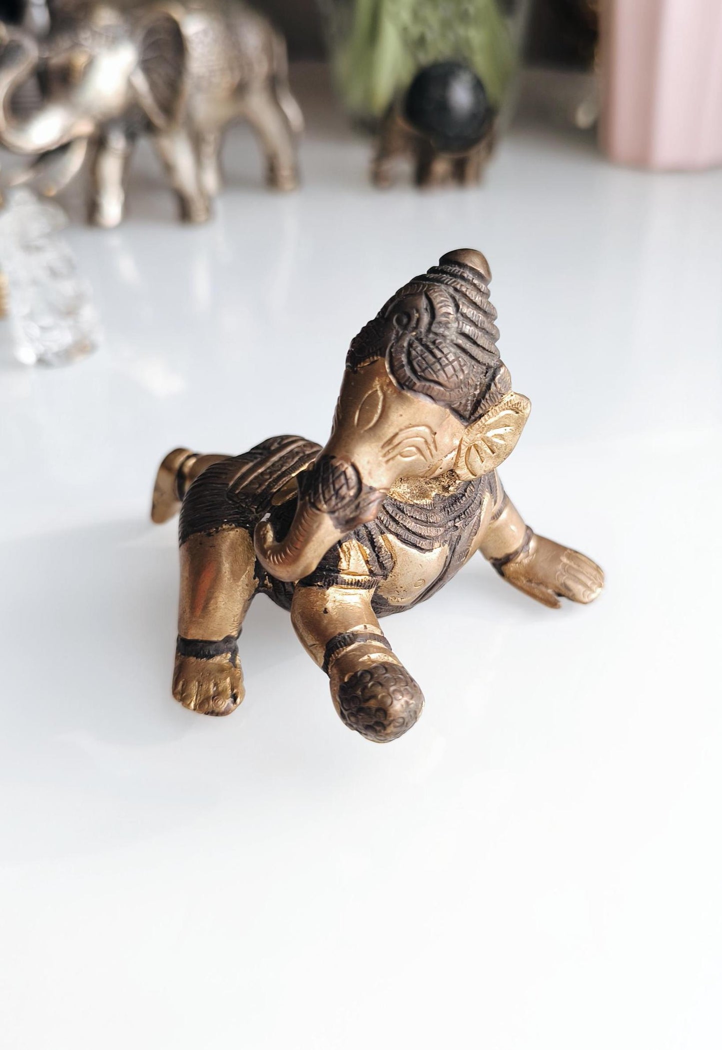 Baby Ganesha Bronze Statue Crawling Ganesha, Hindu Elephant God Statue, 1980s