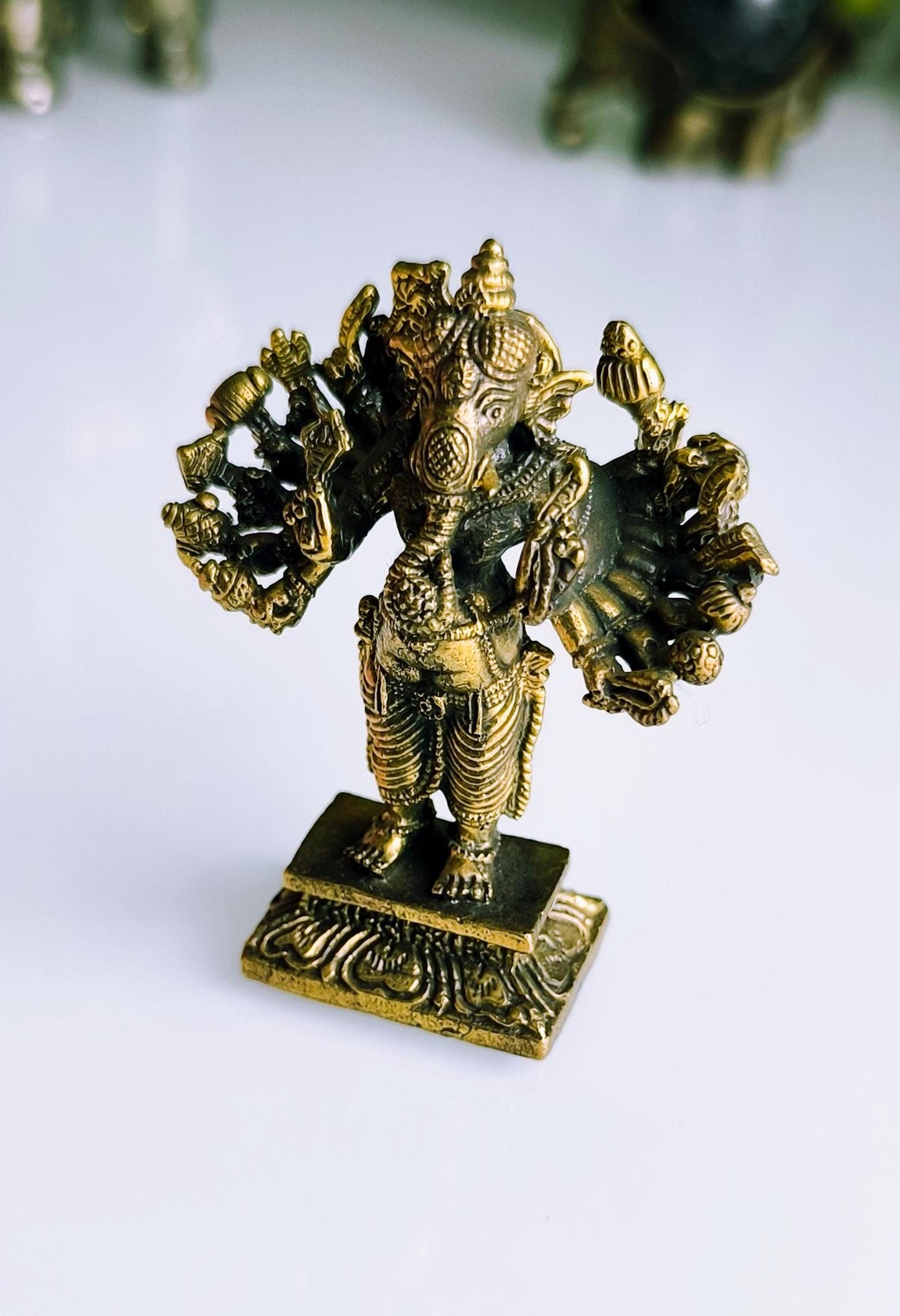 Small Gold Tone Bronze Dancing Ganesha Statue with Multiple Arms – Hindu Elephant God, 1970s