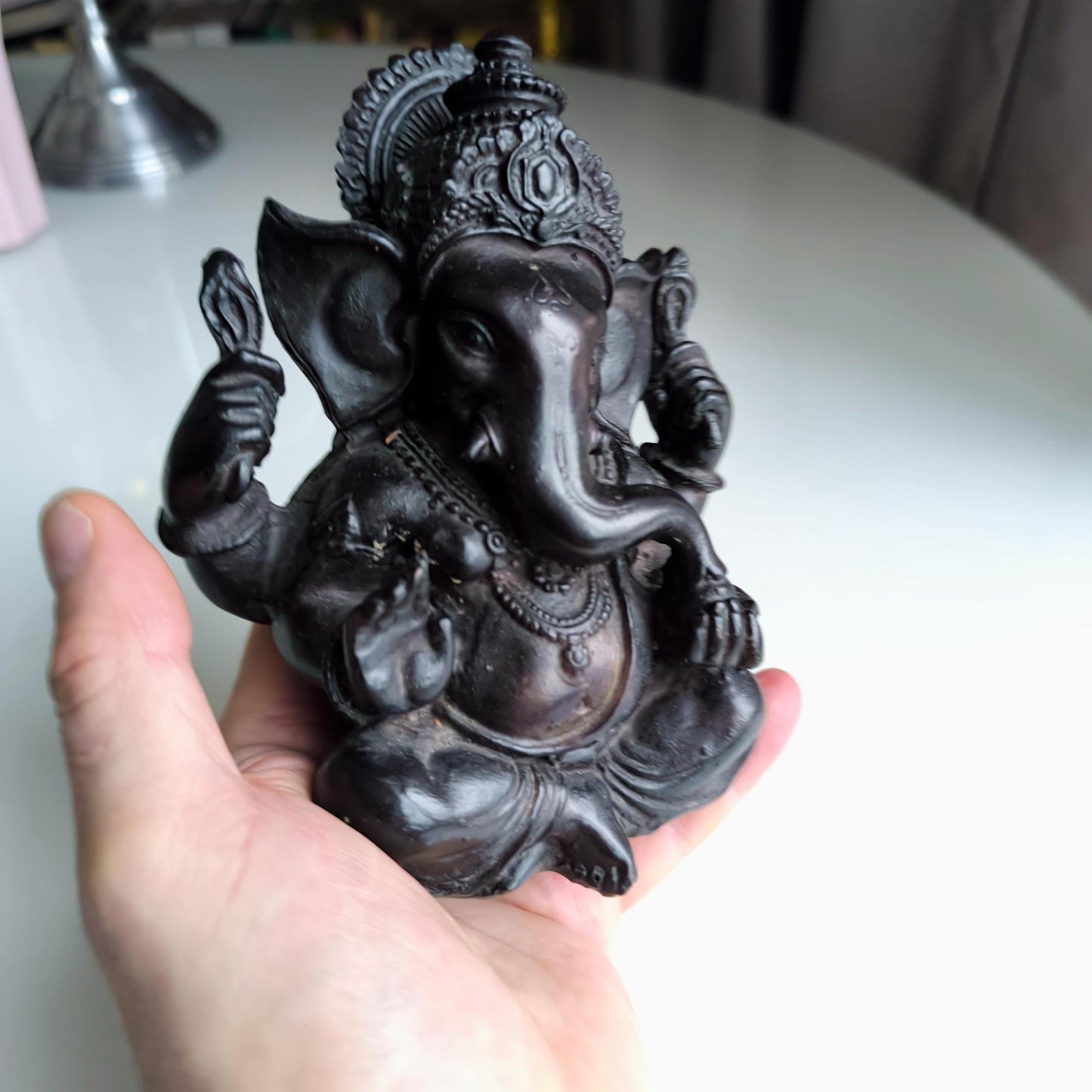 Vintage 12 cm Black Resin Ganesha Statue, Hindu Elephant God Figurine, 1990s