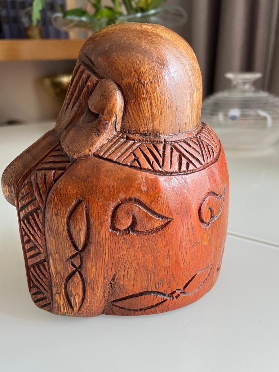 Brown Wood Sitting Buddha Hand-Carved Figurine 1980s