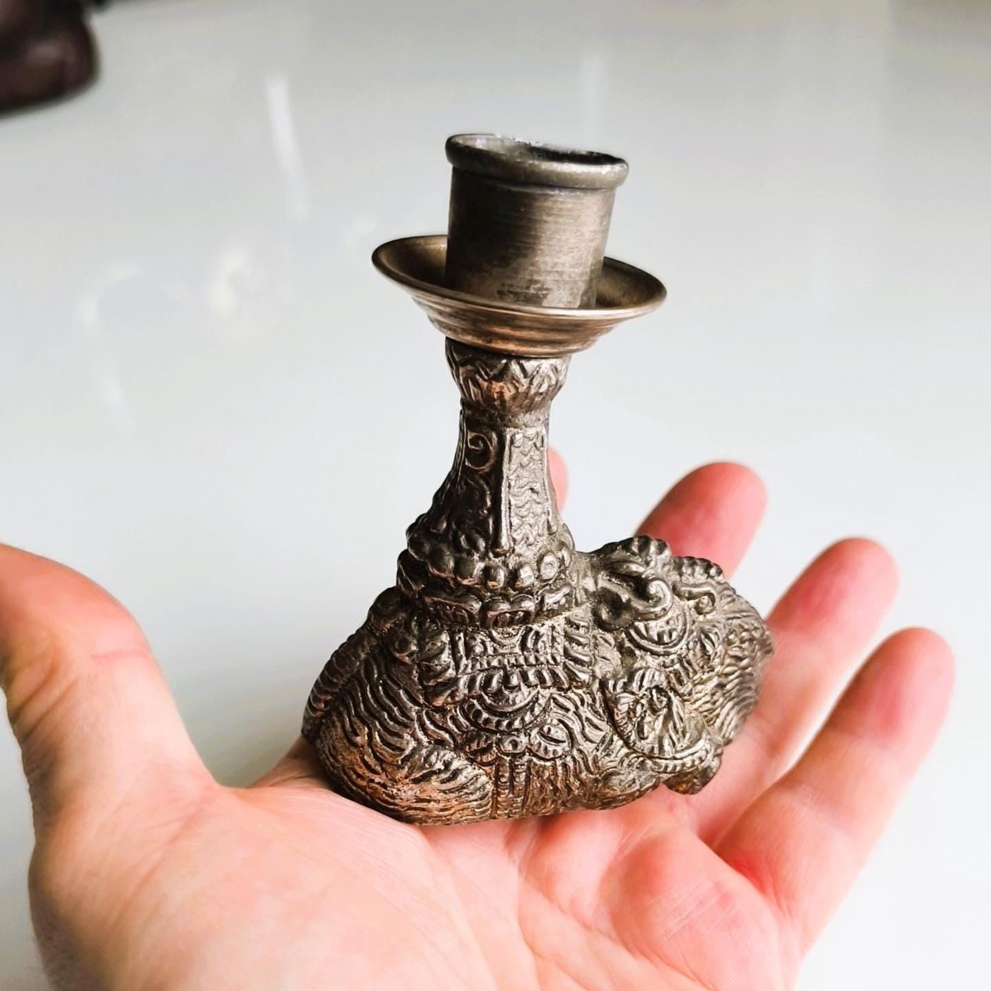 Silver Tone Elephant figurine Candle Holder, Handmade Pewter candlestick 1970s