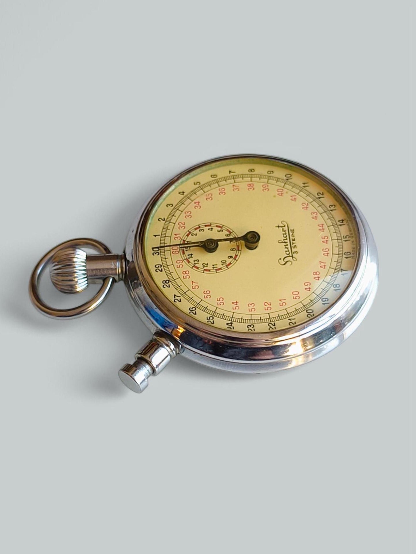 Vintage Hanhart Sports Stopwatch, Manual Winding, Chromed Metal, Germany 1950s