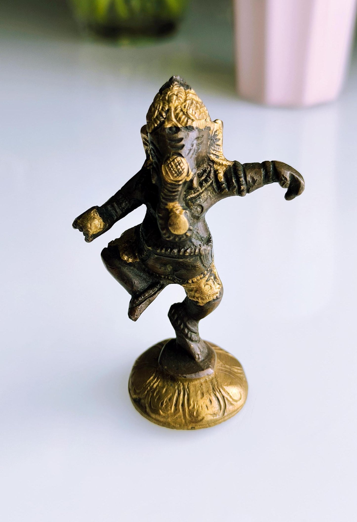 Small Bronze Dancing Ganesha Statue, Gold & Brown Tones, Hindu Elephant God, 1980s