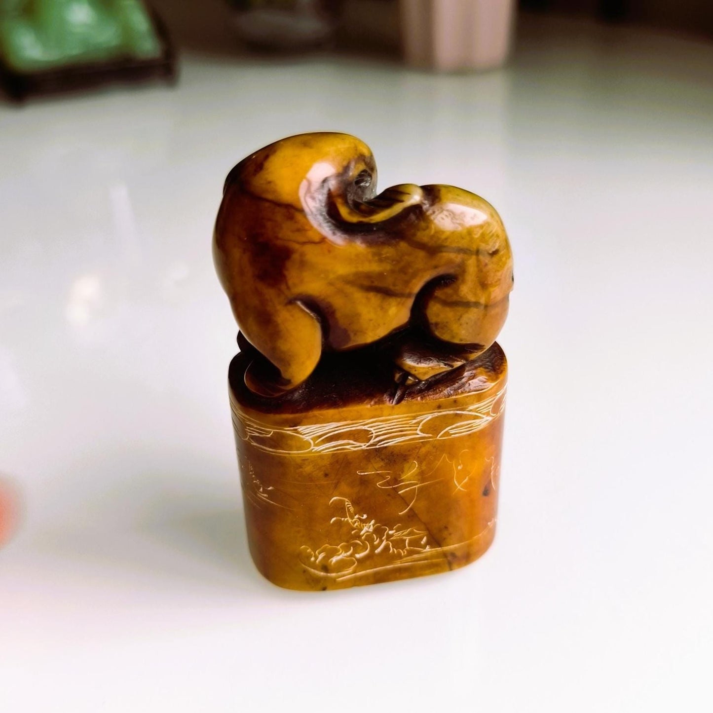 Brown Stone Elephant Stamp on Raised Stand with Carvings, Handmade 1960s