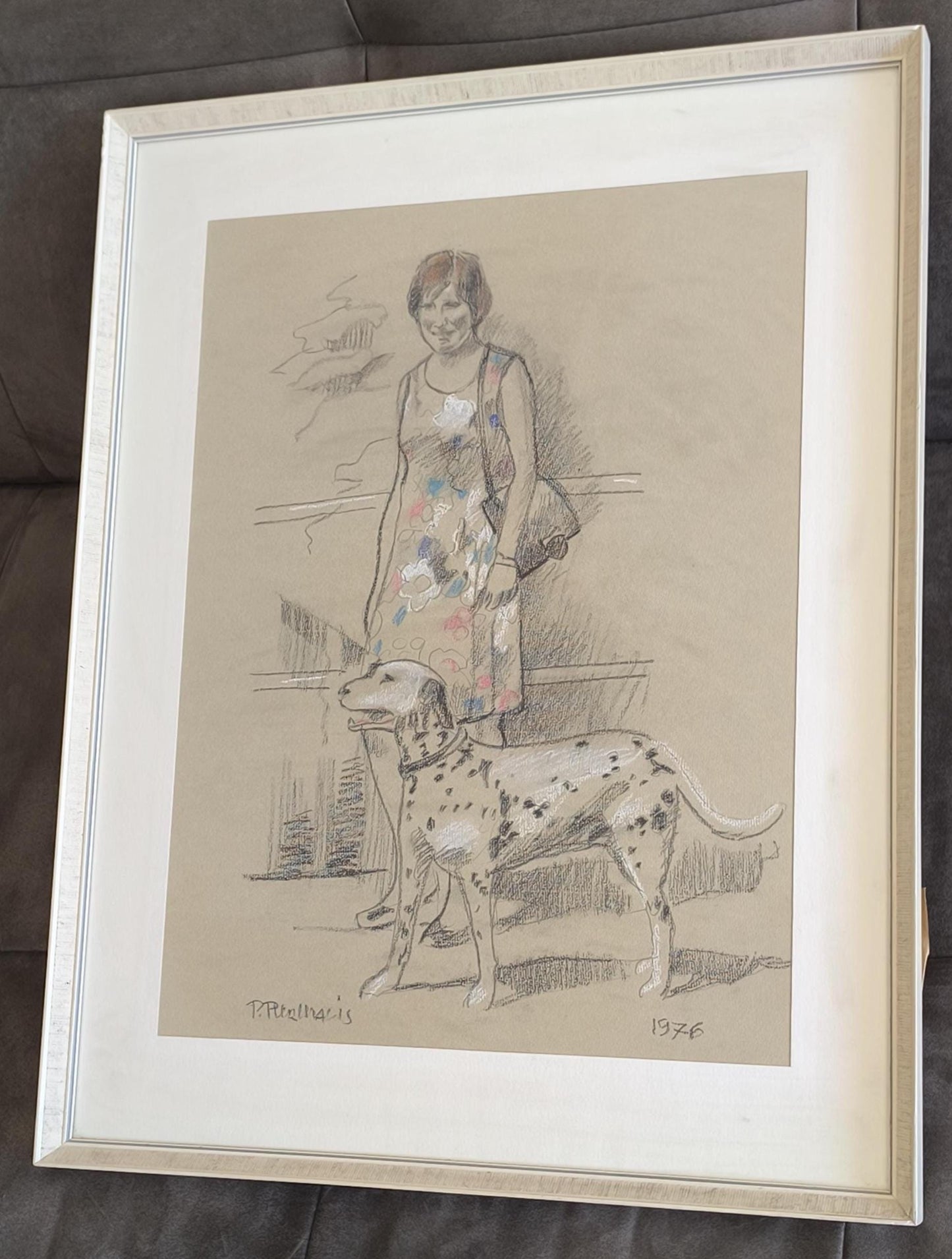 Woman with Dalmatian Drawing, Signed "P. Pennalis", 1976