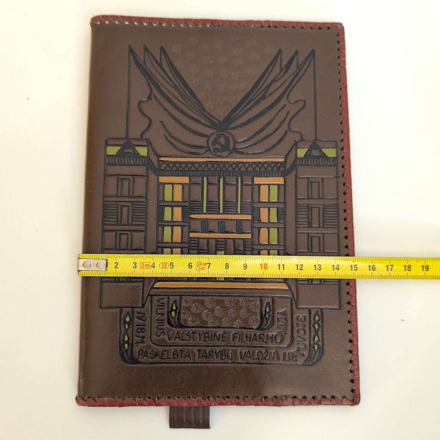 Leather Notebook Cover, Handcrafted Embossed with Lithuanian Inscription: Vilnius State Philharmonic, 1918 Soviet Rule Declaration