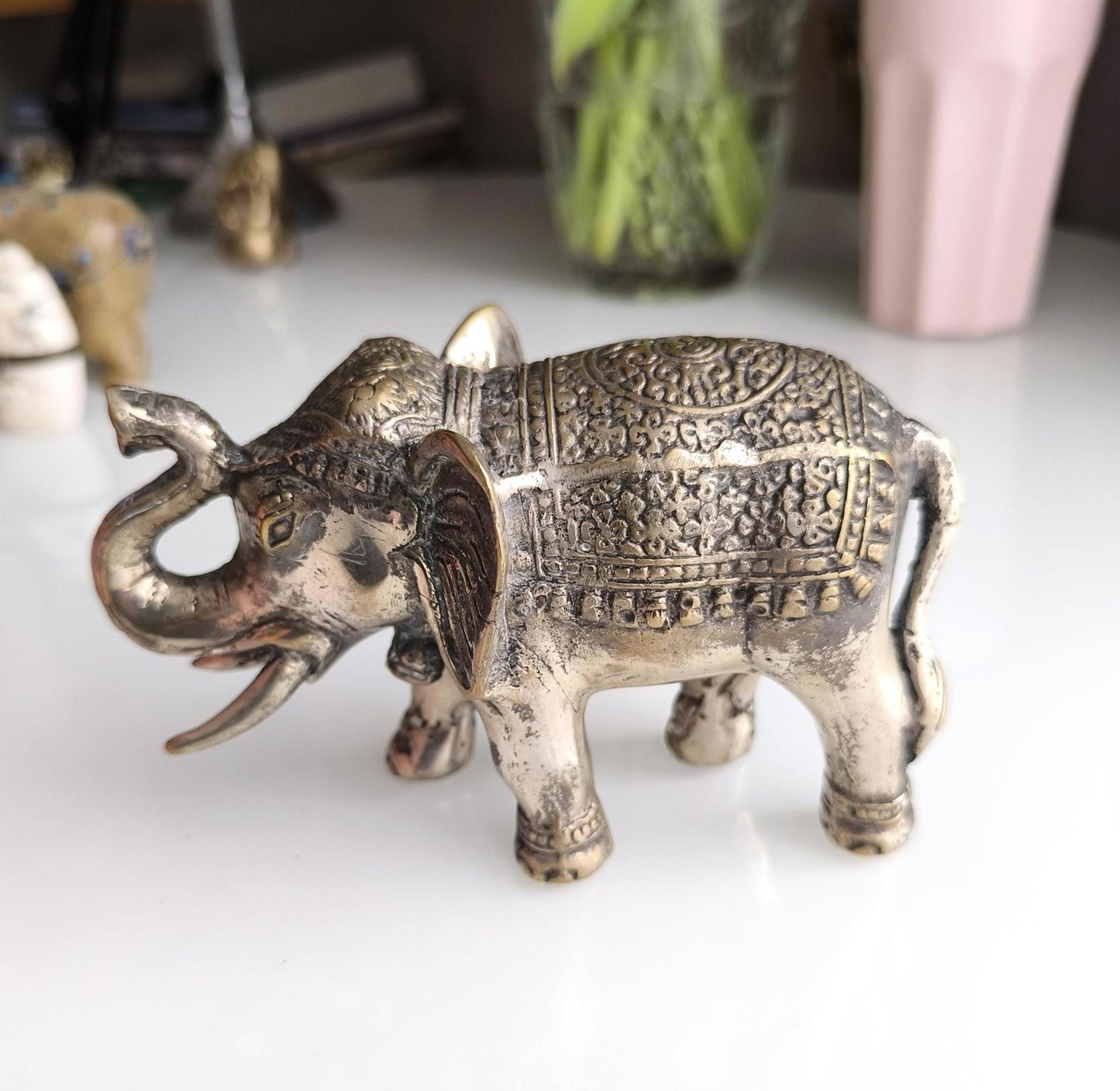 Bronze Asian Elephant Figurine with Silver Highlights, 1980s
