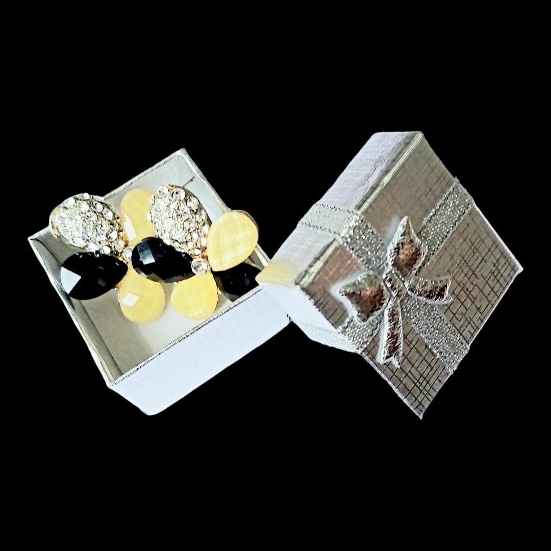 Vintage 2000s Black-Yellow-Clear 14K Gold-Plated Flower Crystal Stud Earrings