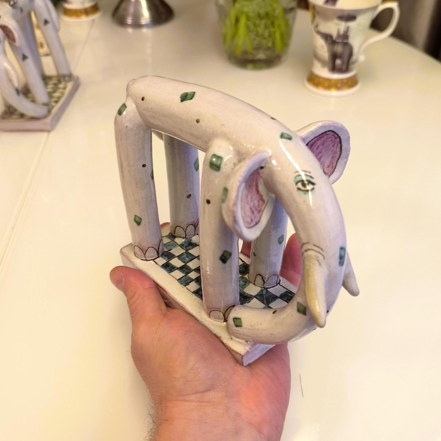 Ceramic Gray Elephants With Ornaments On Base 1970