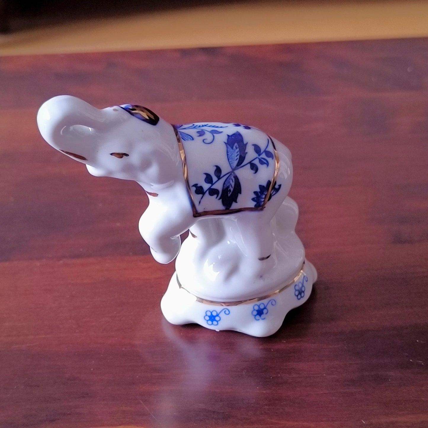 White Porcelain Elephant Figurine With Blue Flowers, Handmade 1970s