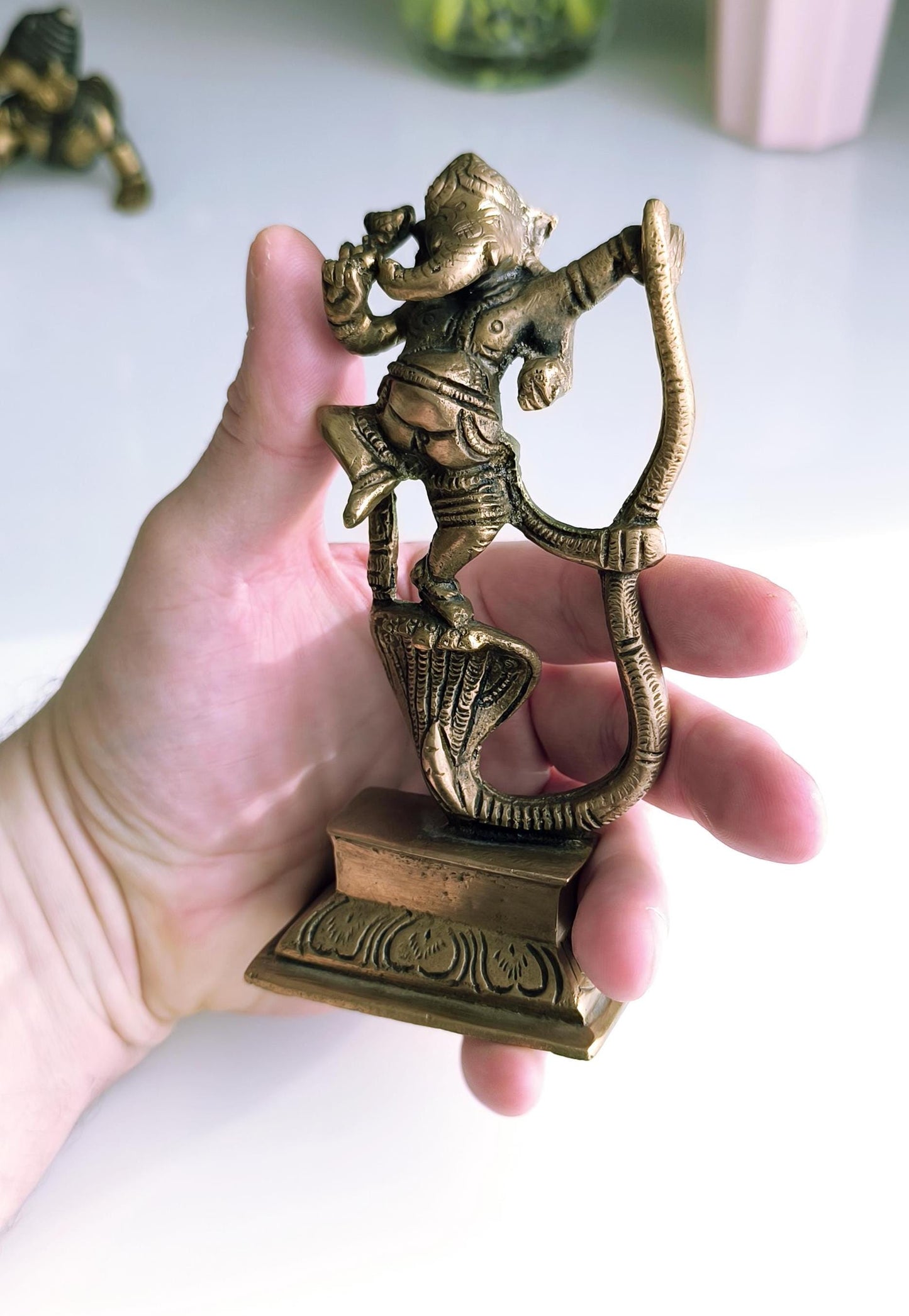 Bronze Dancing Ganesha with Snake, Hindu Elephant God Statue, 1980s
