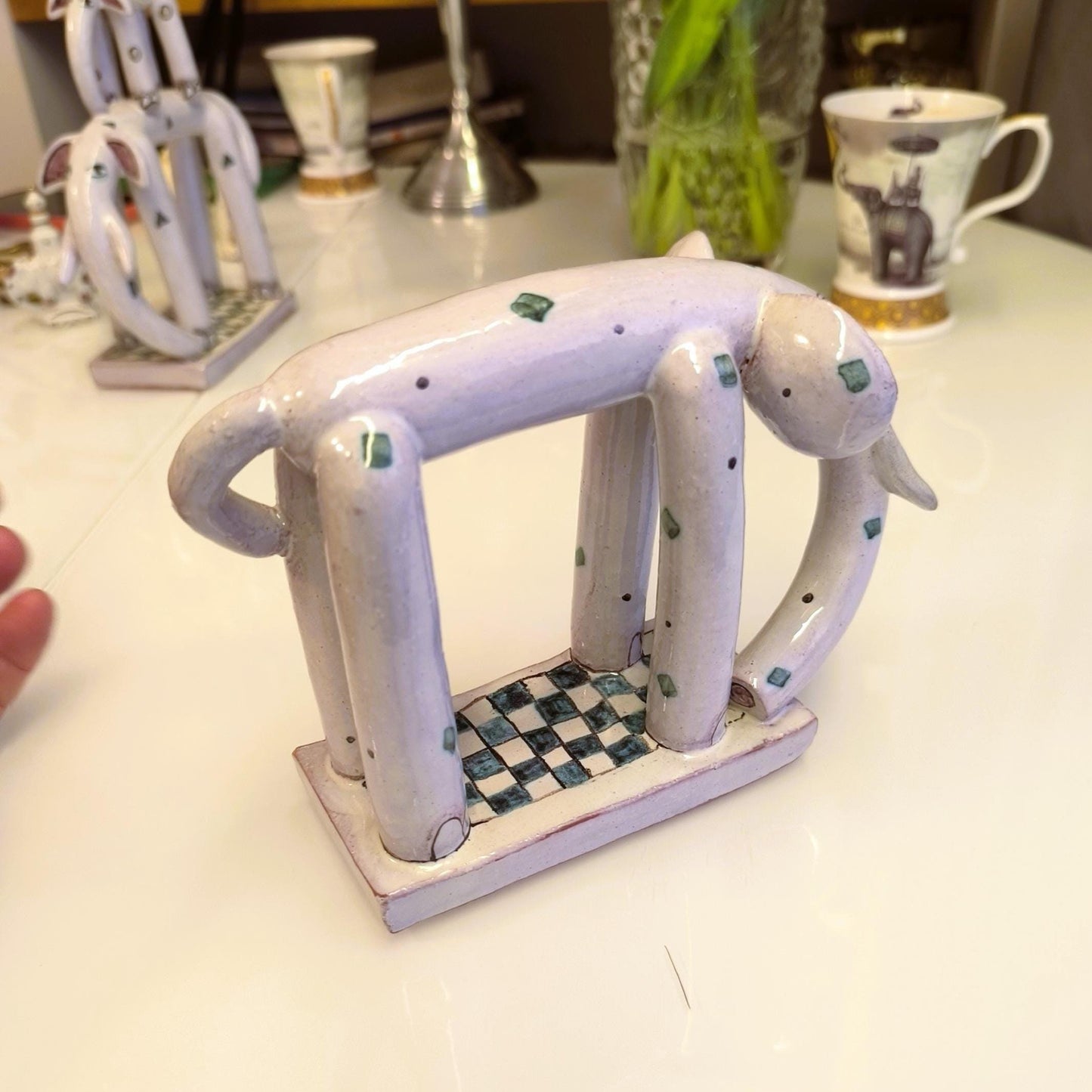 Ceramic Gray Elephants With Ornaments On Base 1970