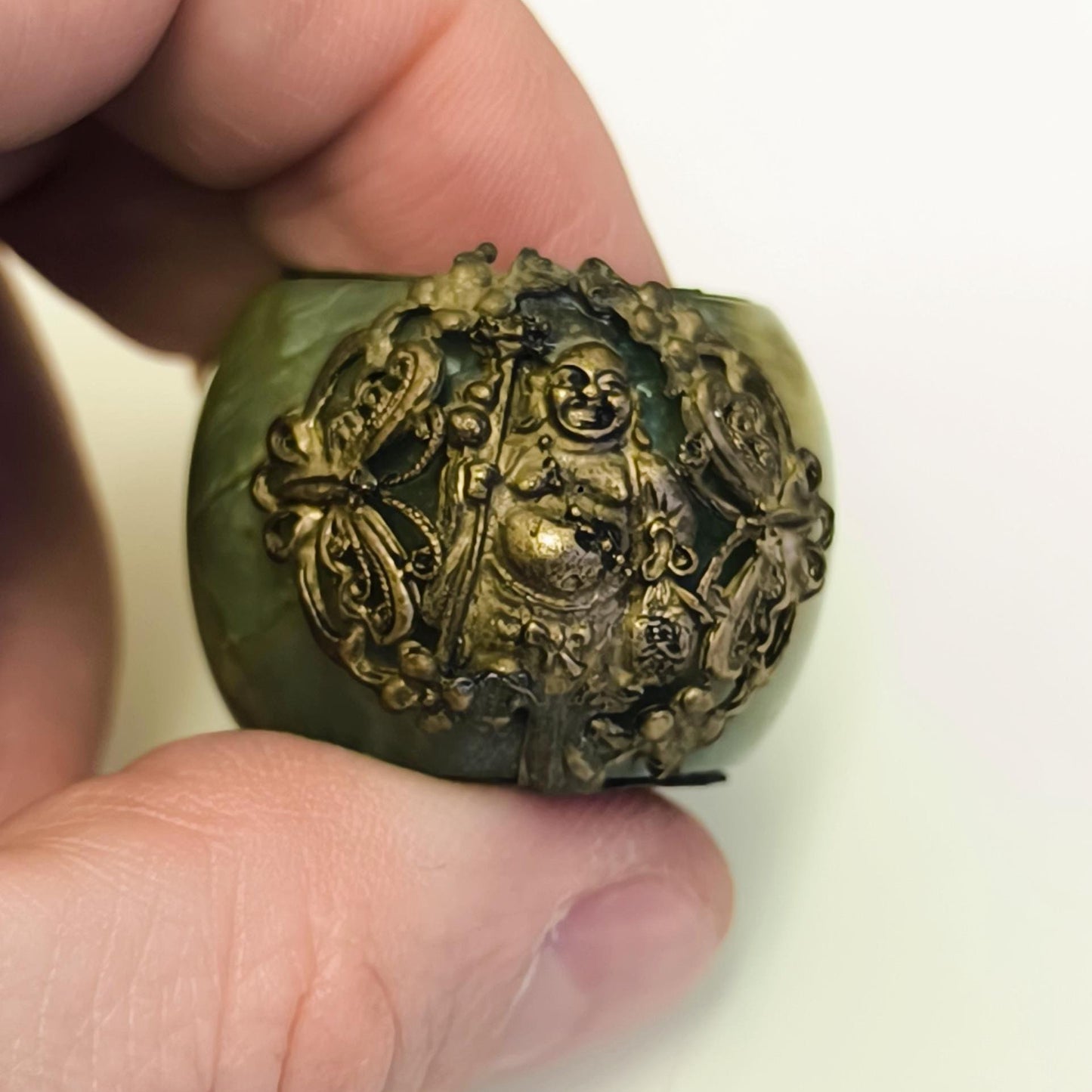 Buddha Napkin Ring, Green Stone Bronze Inlay 1970s