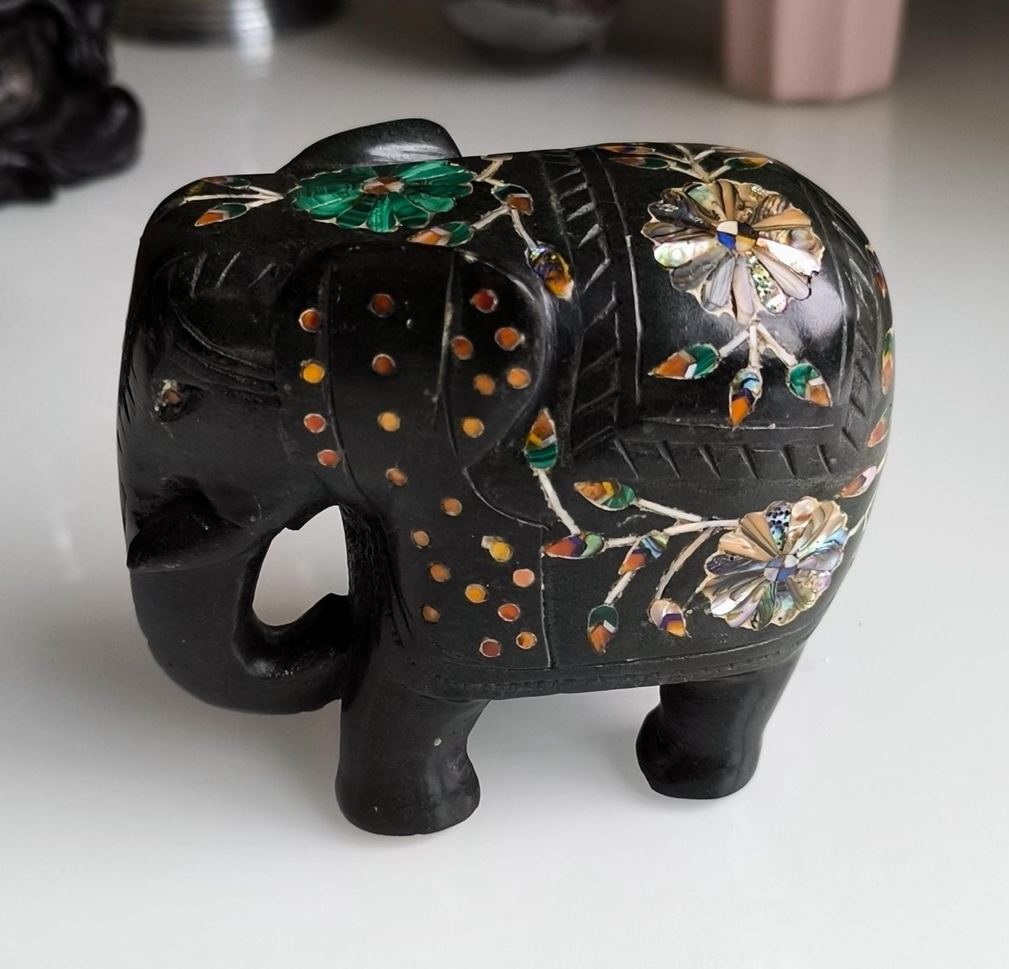Vintage Black Painted Marble Elephant Statue, Inlaid Gemstones, Handmade 12 cm, 1980s