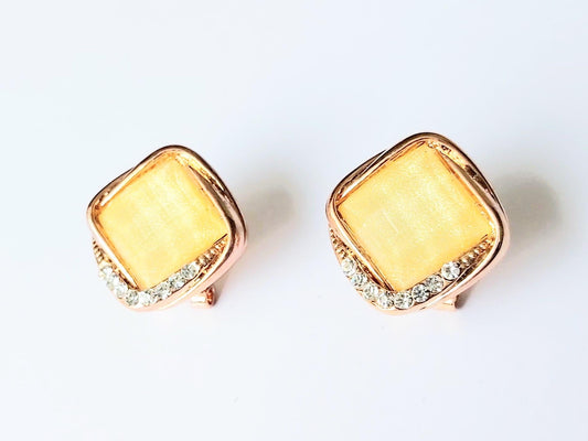 2000s 14K Gold-Plated Vintage Stud Earrings with Large Yellow Square Crystal & Small Diamond Accents
