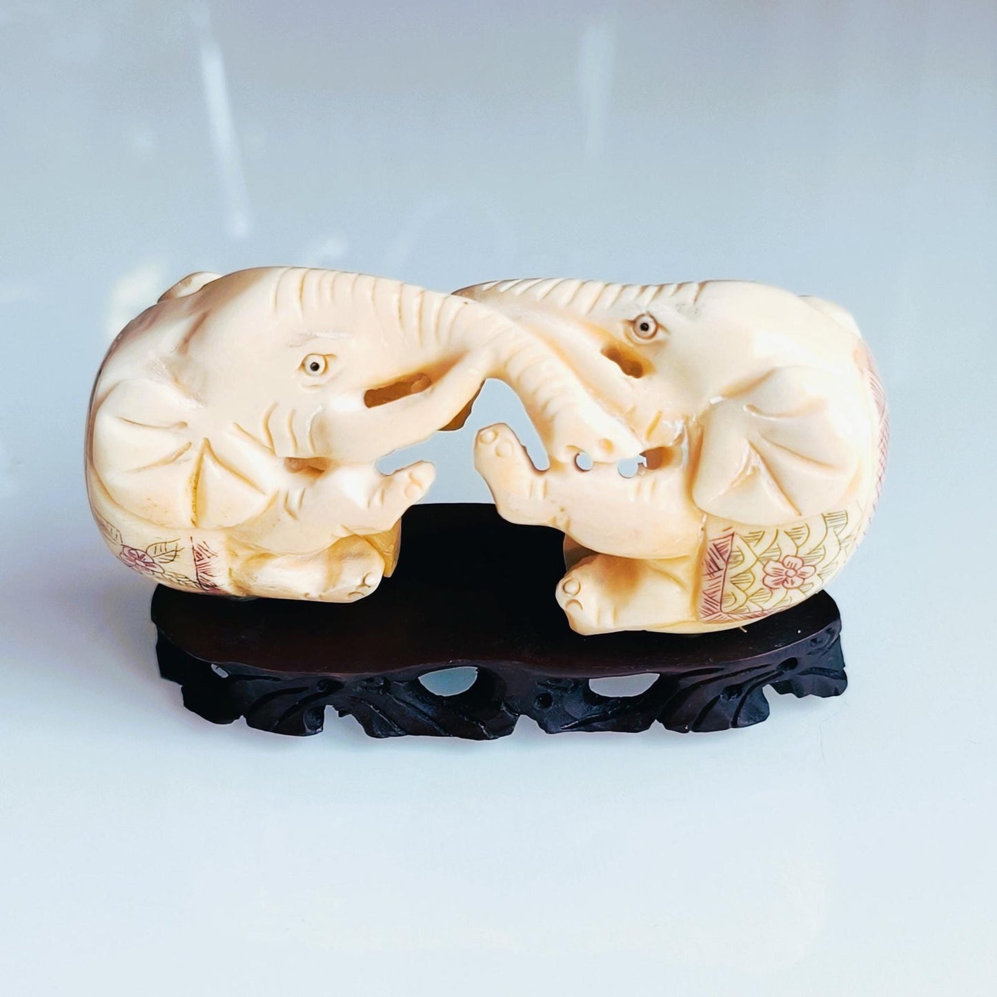 White Stone Two Elephants Sculpture On A Wooden Base, Handmade from 1960s