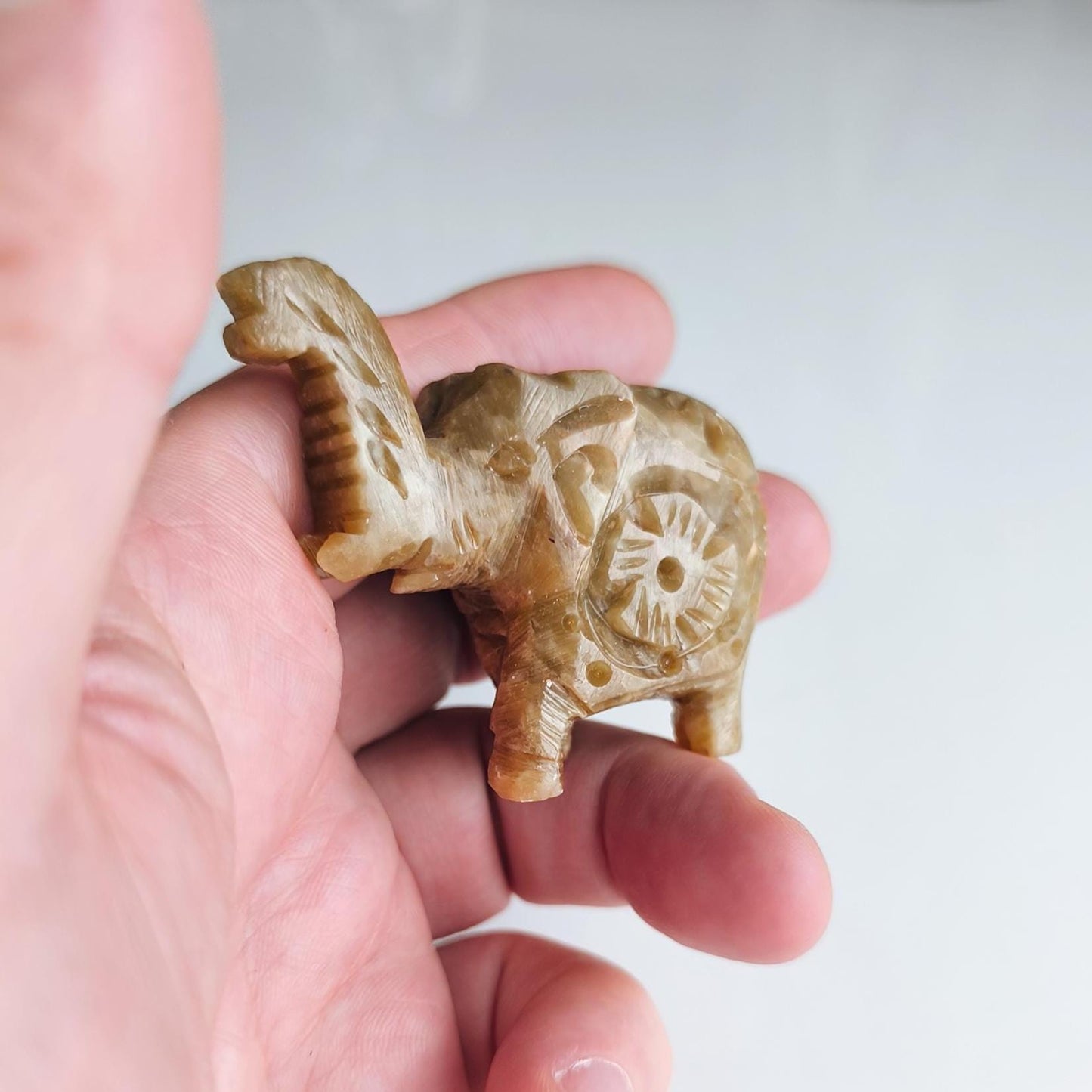 Small Khaki Stone Elephant Raised Trunk Asian Handmade 2000s