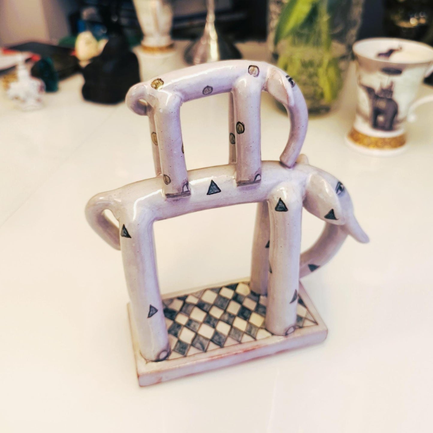 Two Stacked Ceramic Gray Elephants With Ornaments On Base 1970