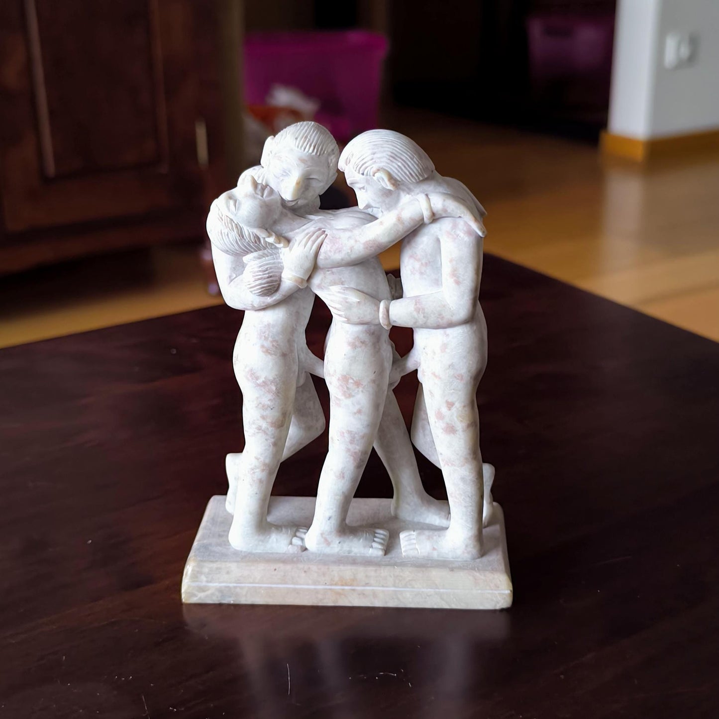 Light Stone Erotic Kamasutra Three People Statue, Handmade 1980