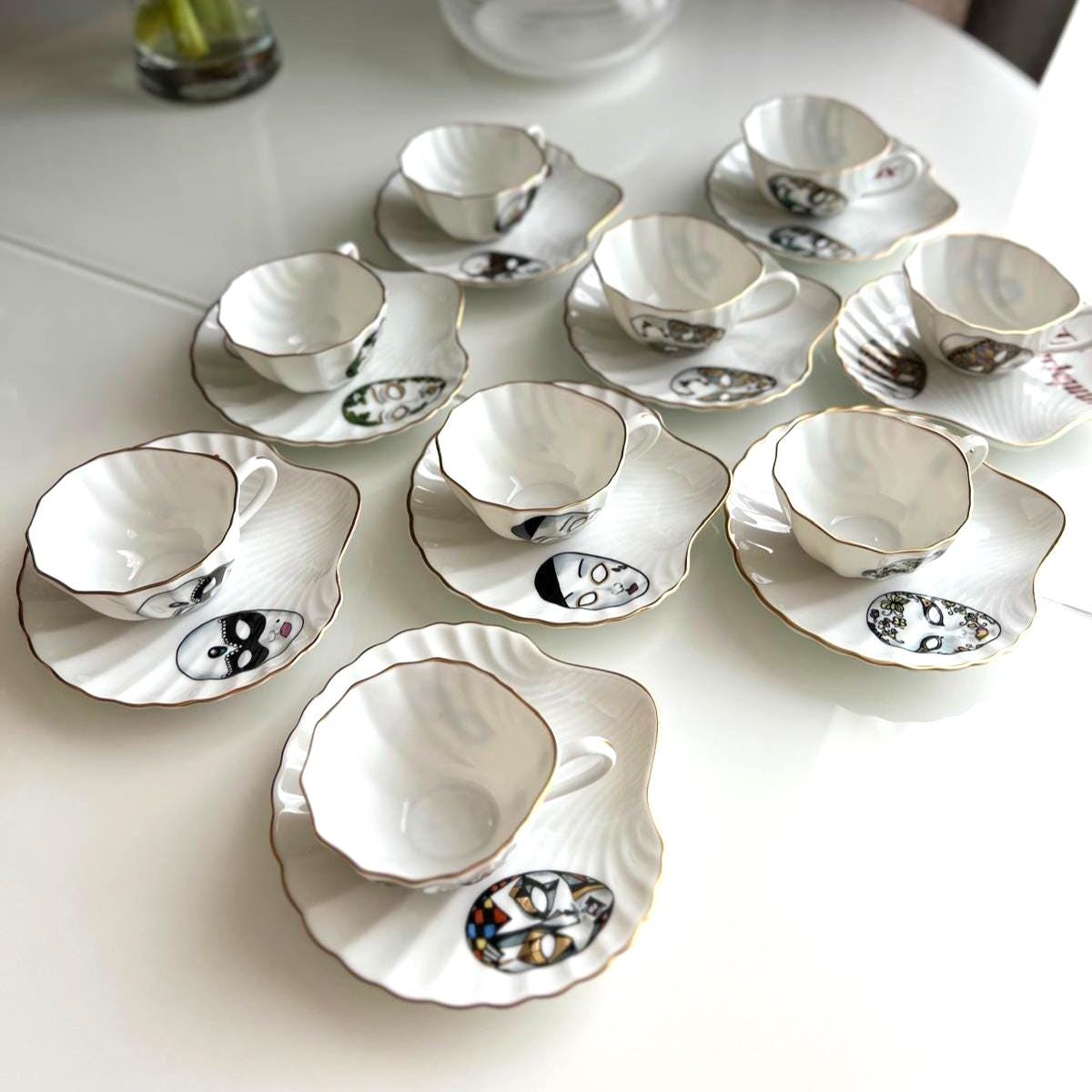 Ancap Verona Porcelain Espresso Cup Set Masks Italy 9 Pieces