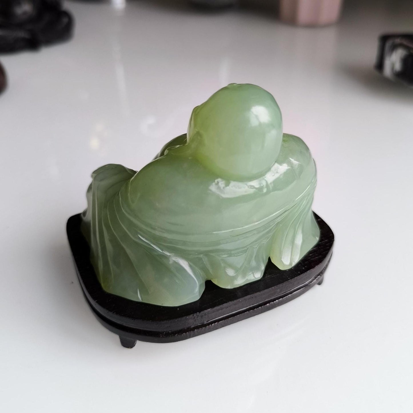 Green Nephrite Jade Carved Buddha Figure on Wooden Base, 1970