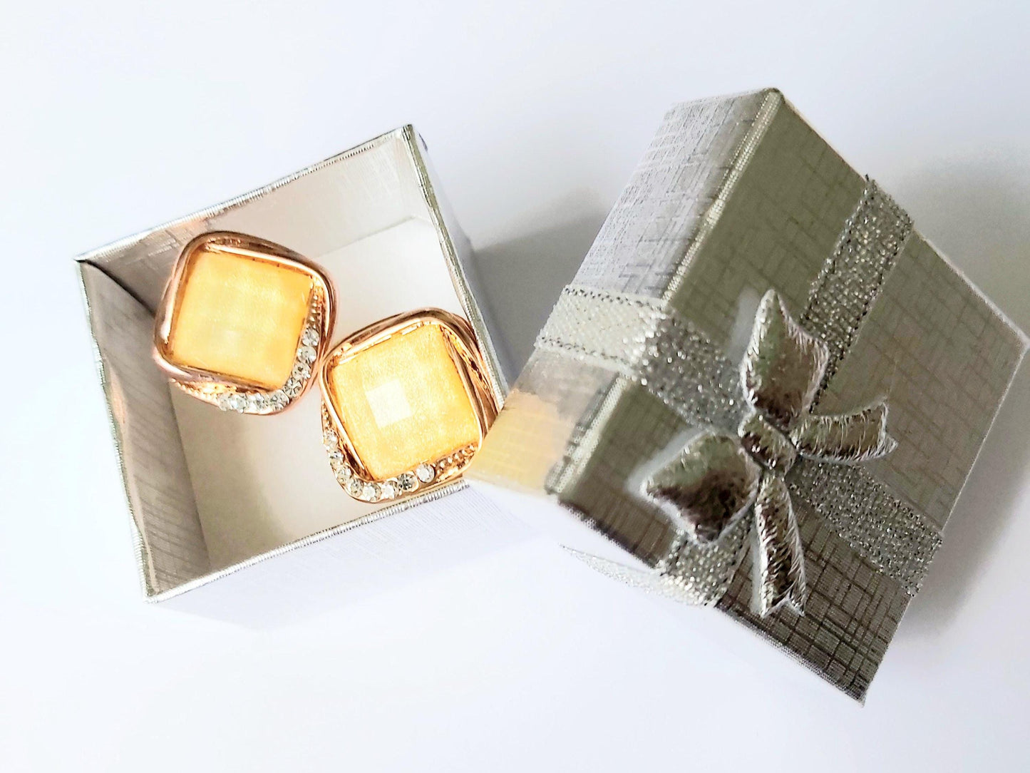 2000s 14K Gold-Plated Vintage Stud Earrings with Large Yellow Square Crystal & Small Diamond Accents