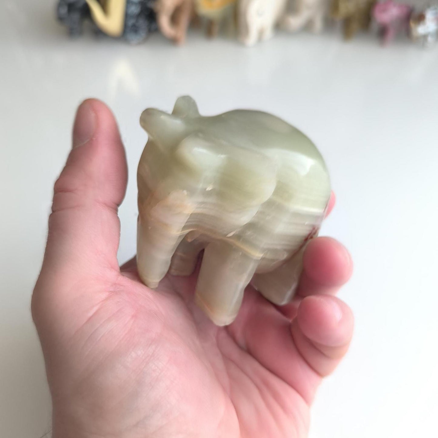 Handmade Heavy Light Green Onyx Elephant Statue with Gray Streaks, 1980s