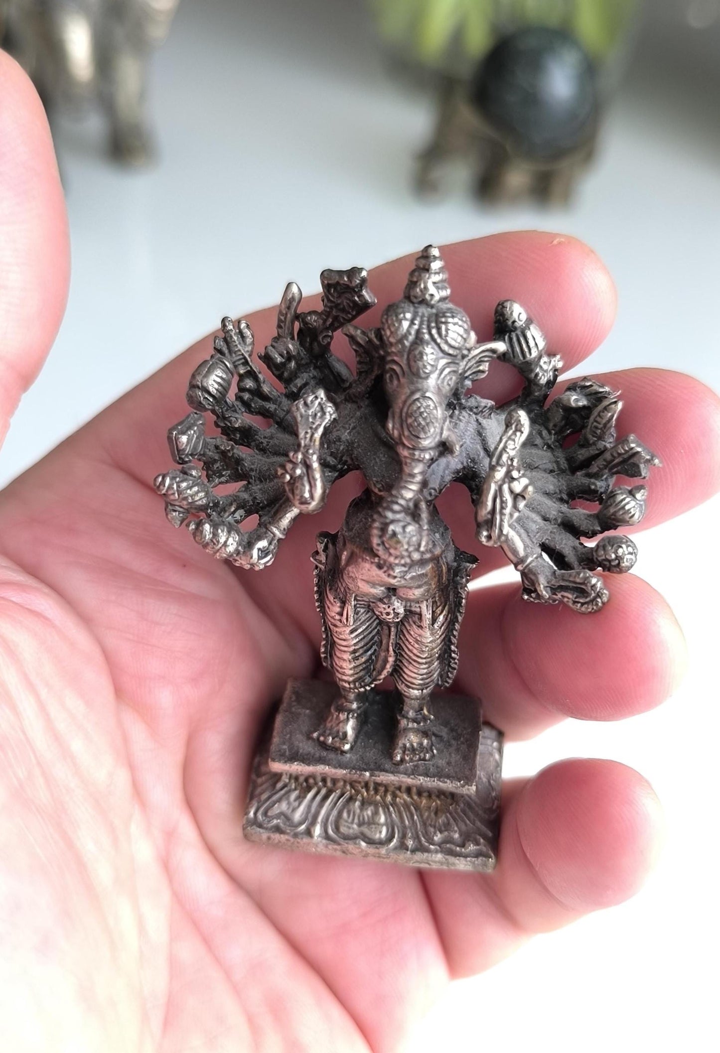 Bronze Silver Tone Small Ganesha Statue with Many Hands – Hindu Elephant Deity, 1970s